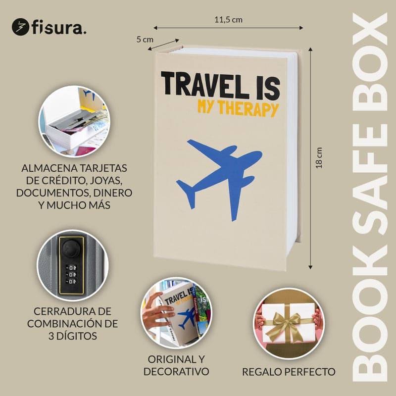 FISURA Cassaforte a forma di libro con scritta "Travel is my therapy" in Autocategorizzazione Più Di Più Ideas - Casalnuovo di Napoli, commercioVirtuoso.it