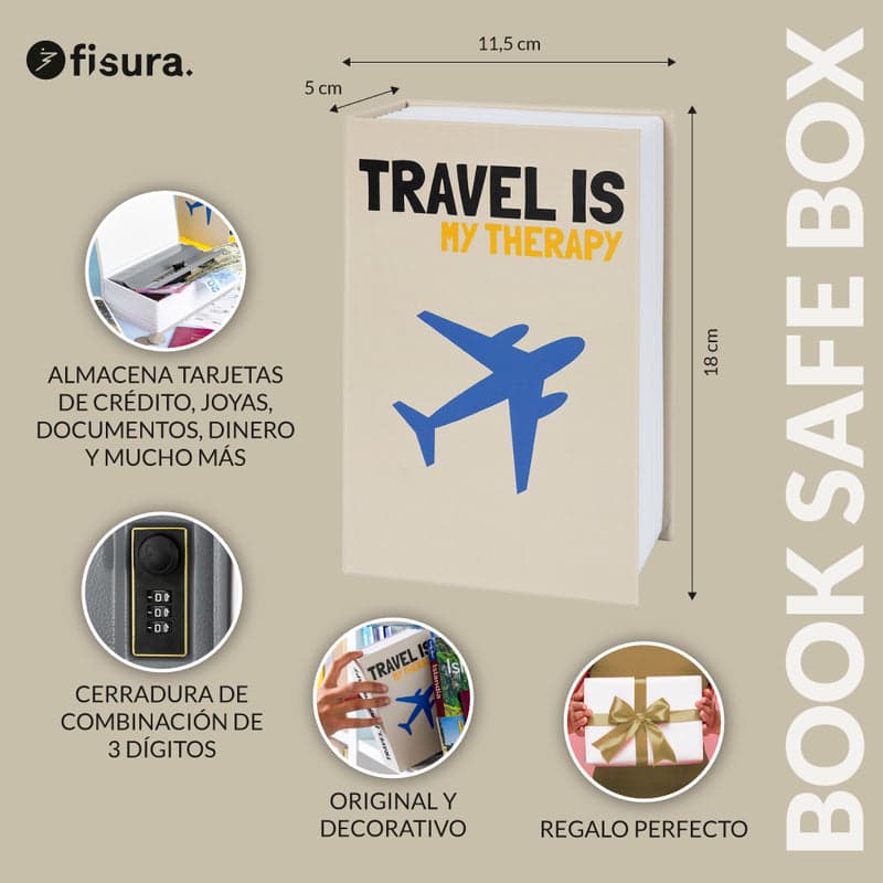 FISURA Cassaforte a forma di libro con scritta "Travel is my therapy" in Autocategorizzazione Più Di Più Ideas - Casalnuovo di Napoli, commercioVirtuoso.it