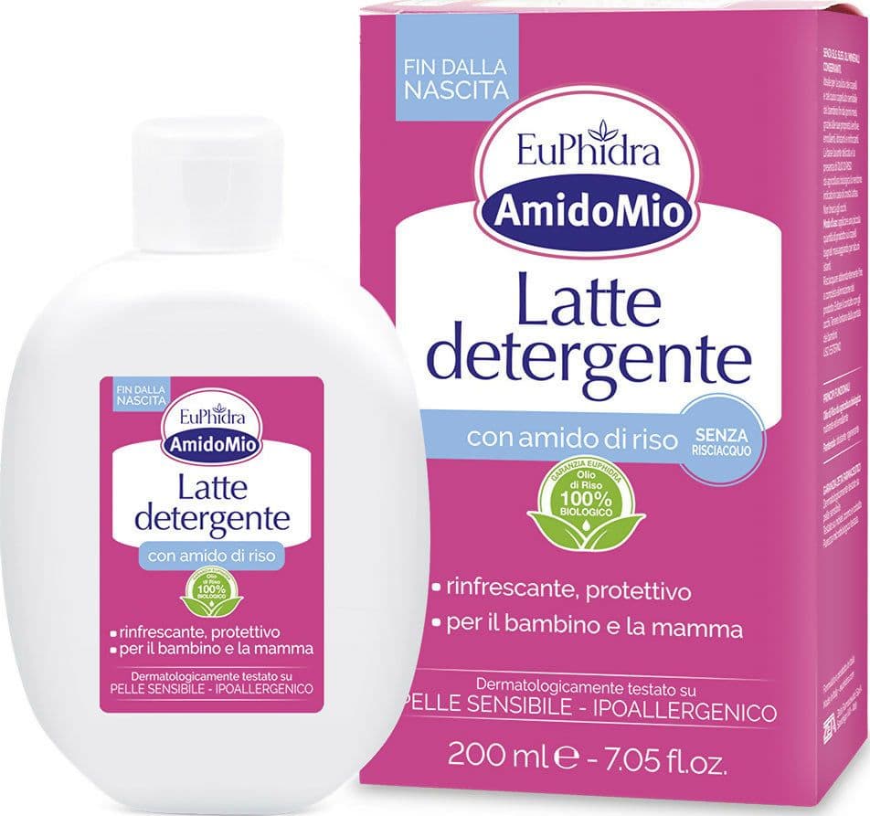 Euphidra amidomio latte detergente per il bambino e la mamma con amido di riso rinfrescante e protettivo senza risciacquo - flacone da 200ml