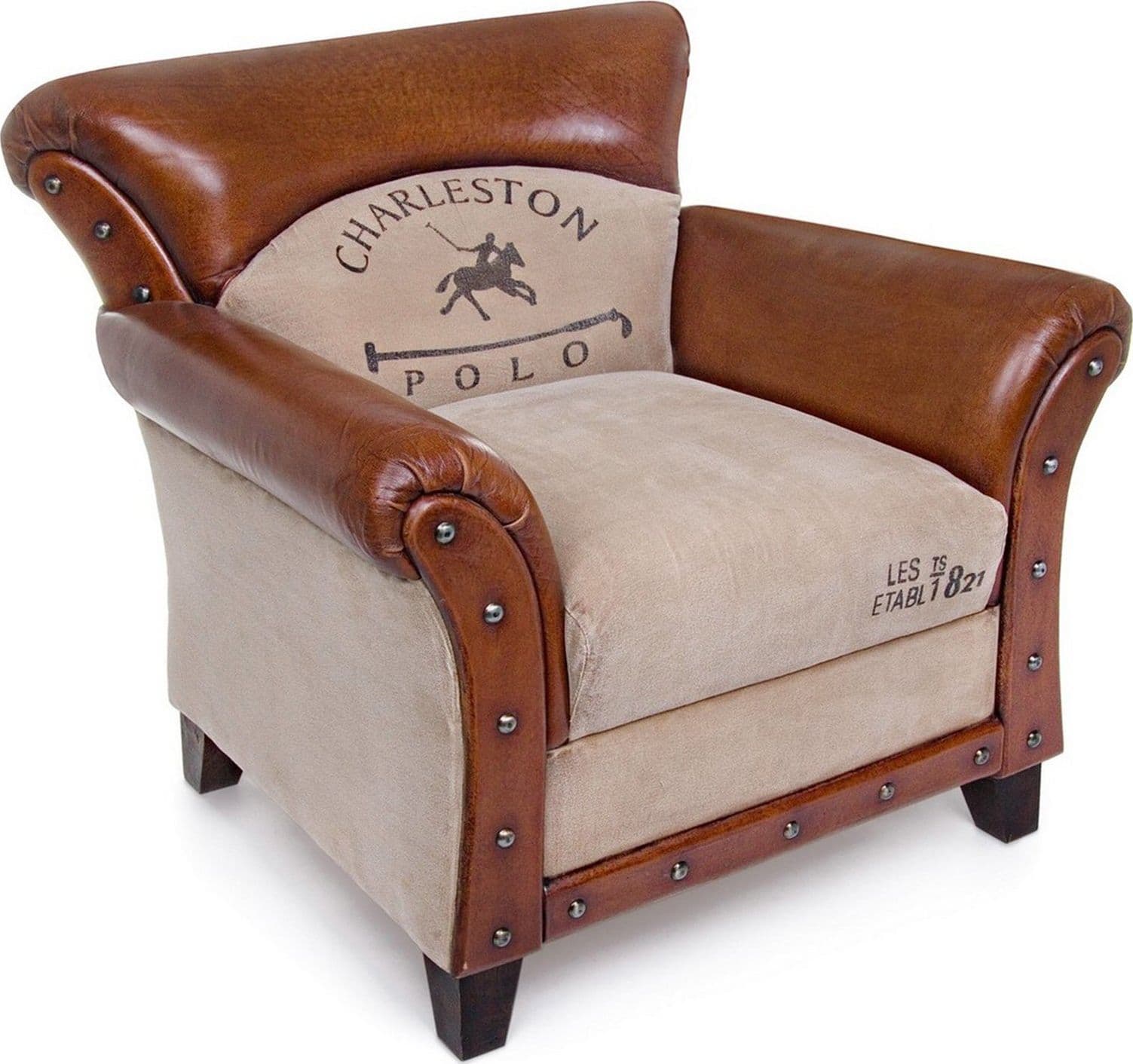 Poltrona "Charleston" per interno, Struttura In Legno Di Mango, Rivestimento In Tela Riciclata E Vera Pelle Di Bufalo 86 x 76 x 77h cm - 8