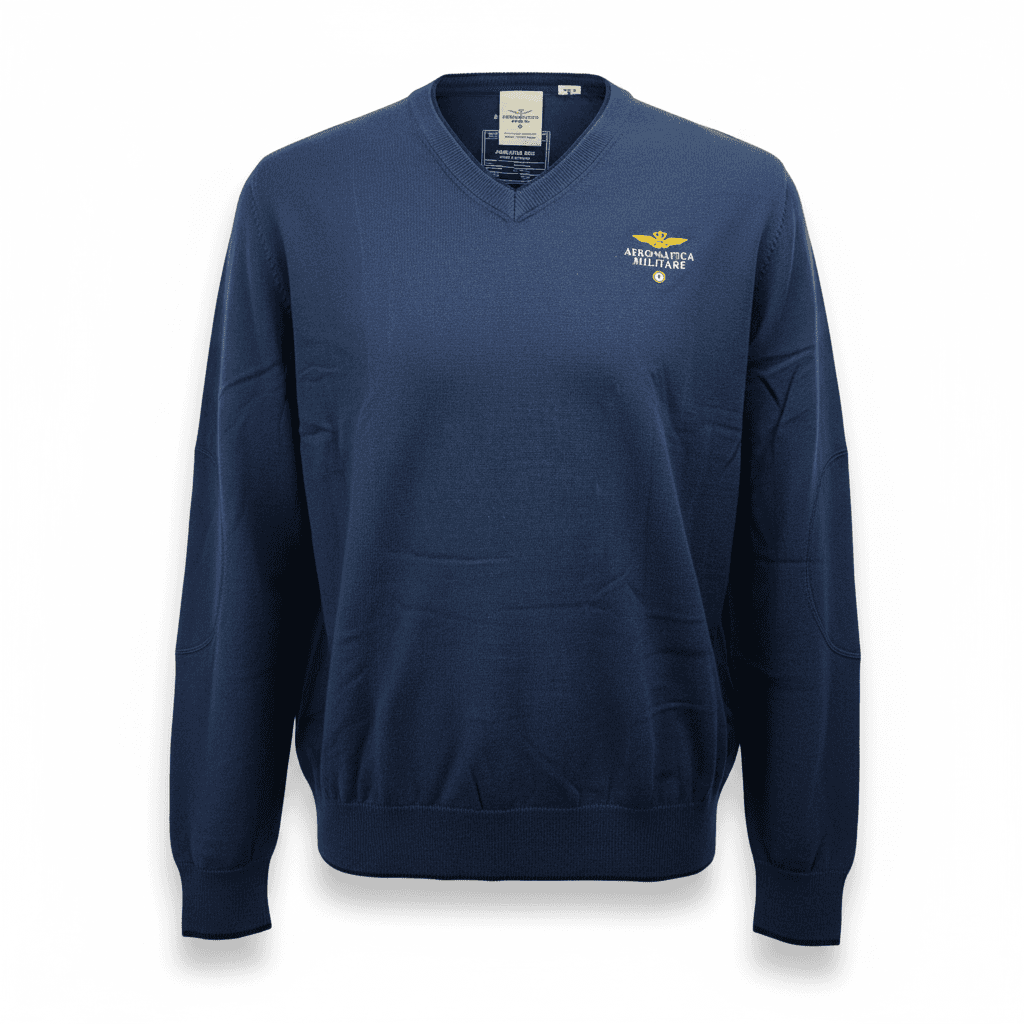 Maglia uomo Aeronautica Militare - Scollo a V toppe in tinta Fregio frontale Blu scuro in Maglioni Couture - Sestu, commercioVirtuoso.it