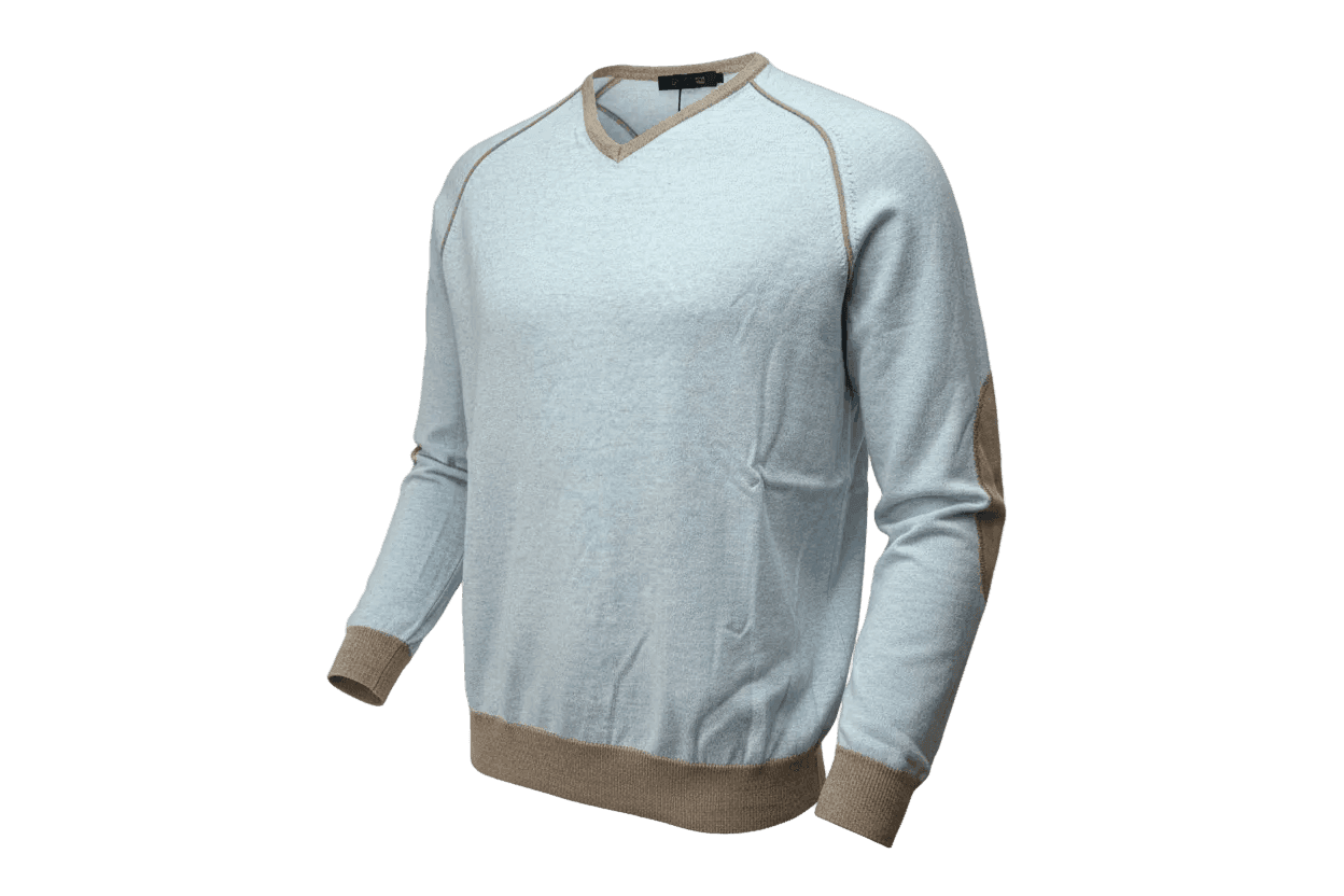 Maglia uomo Laboratori Italiani - Scollo a V base polsini e collo in contrasto Colore Celeste Made in Italy in Maglioni Couture - Sestu, commercioVirtuoso.it