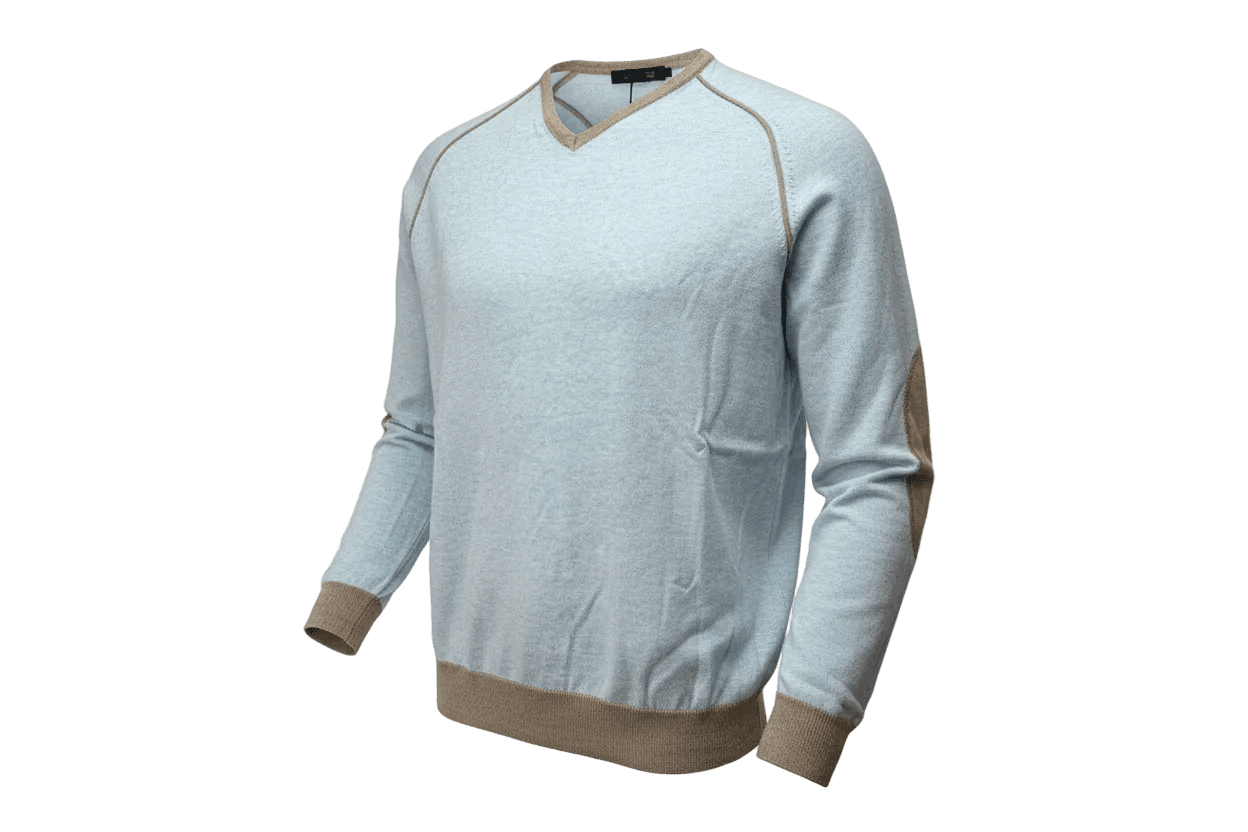 Maglia uomo Laboratori Italiani - Scollo a V base polsini e collo in contrasto Colore Celeste Made in Italy in Maglioni Couture - Sestu, commercioVirtuoso.it