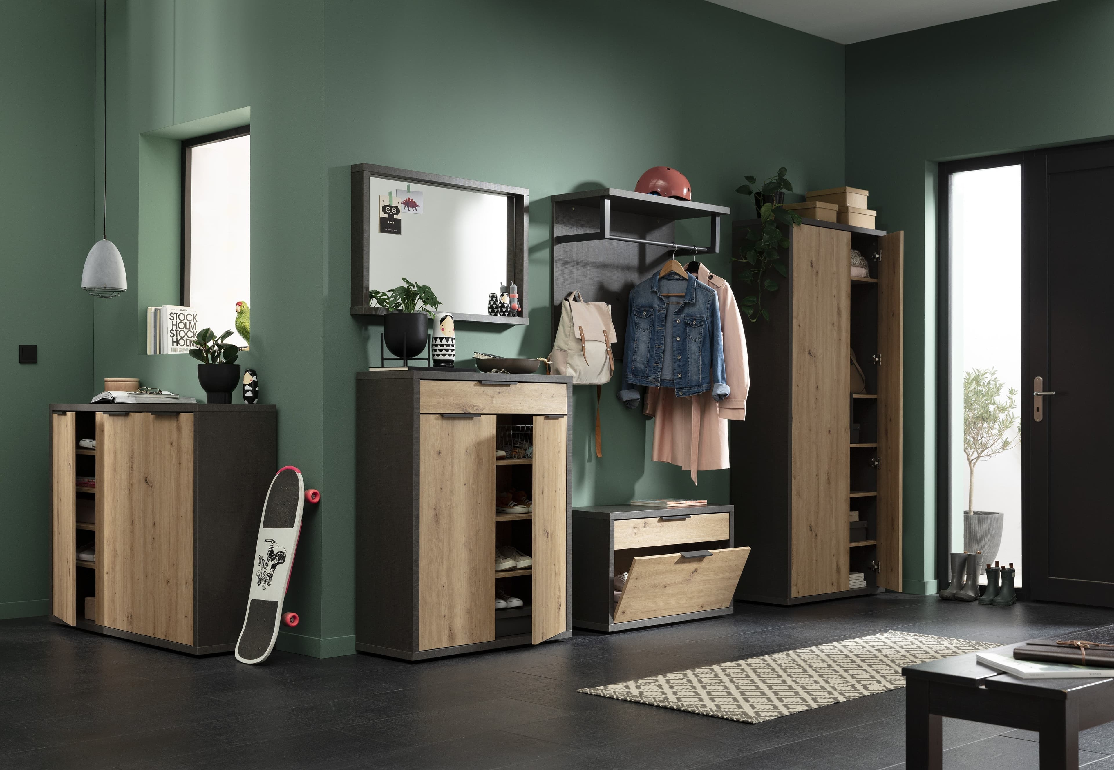 Armadio 2 Ante da ingresso "Segno" Nero e Rovere mobile da interno h 190 cm Casa e cucina/Organizzazione interni/Contenitori ceste e cestini/Scatole e bauli/Bauli Decor Space - Altamura, Commerciovirtuoso.it