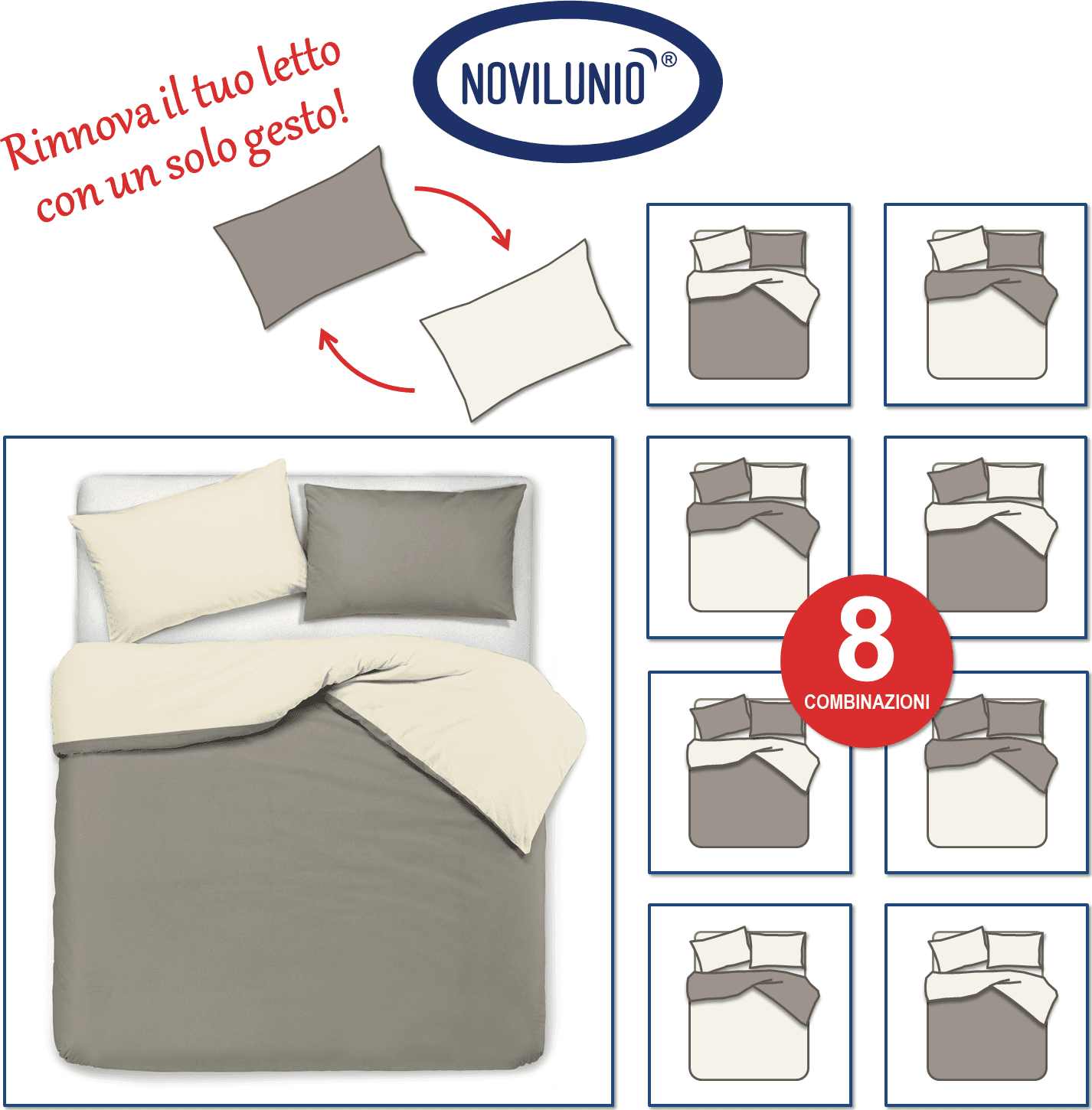 Set copripiumino federe letto bicolor double face parure copripiumino in cotone made in Italy NATURALE/BLU NOTTE in Set copripiumini e federe Vanita di raso - Sesto San Giovanni, commercioVirtuoso.it
