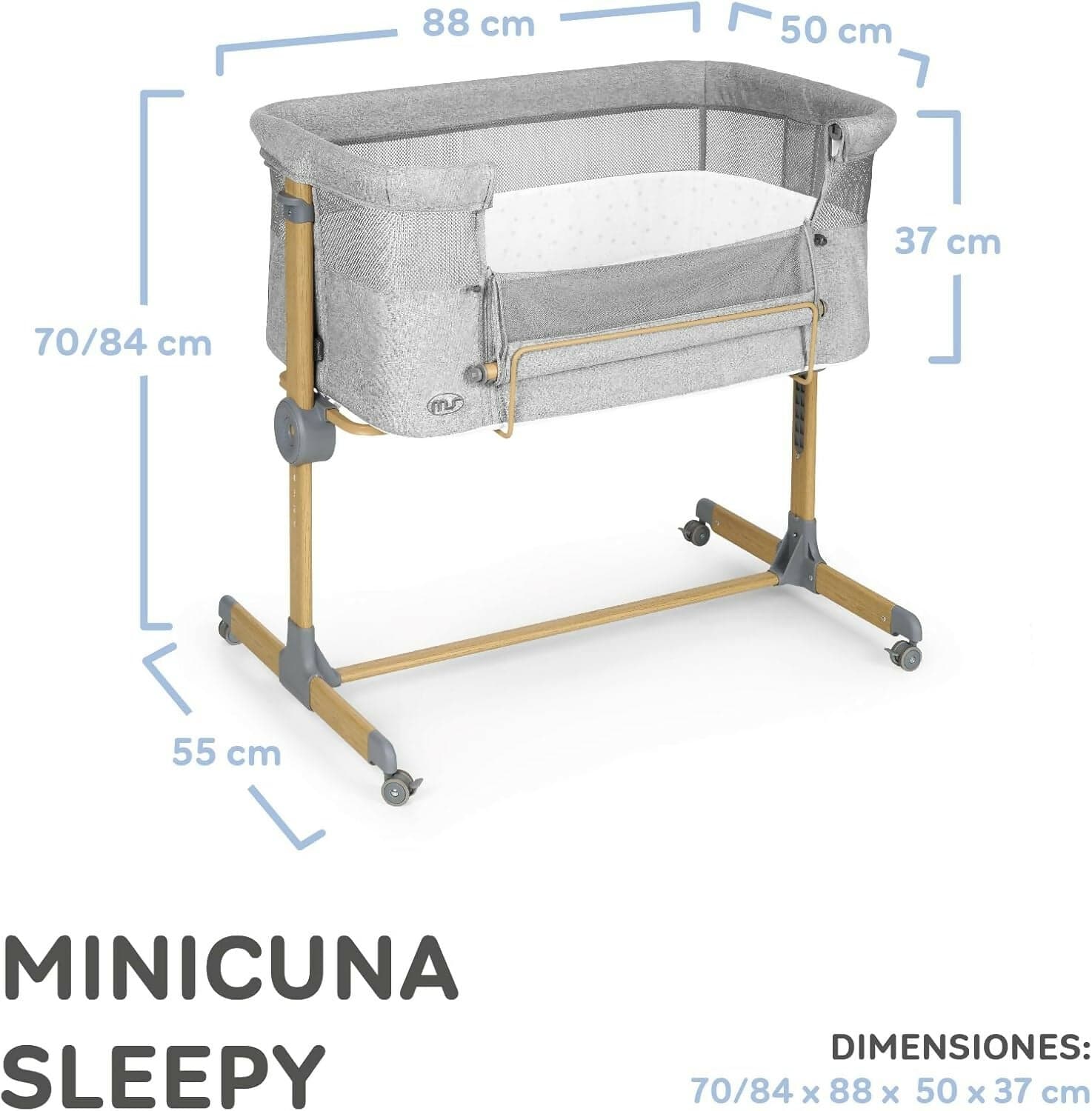 MS Sleepy - Culla Neonato Fianco Letto, Compatibile Con Diversi Letti, Altezza Regolabile, Inclinabile, Buona Circolazione Dell'Aria, Materasso E Borsa Inclusi, Zanzariera di serie inclusa, lacci inclusi, colore GRIGIO con effetto legno in Lettini da affiancare Sanitaria Gioia del Bimbo - Villa San Giovanni, commercioVirtuoso.it