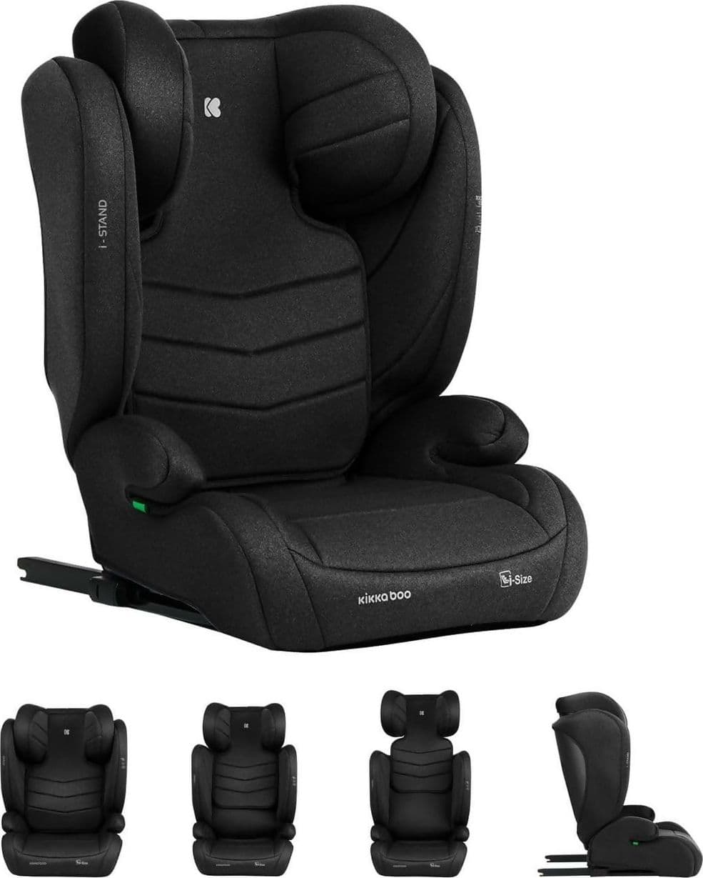 KIKKABOO Seggiolino Auto 100-150 cm i-Stand i-SIZE colore BLACK - Seggiolino Auto con Base Isofix, Da 100 a 150 cm, Omologato ECE R129/03, Gruppo 2/3, Fino a 12 Anni, Black, Nero