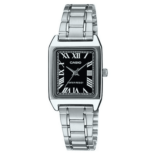 Orologio Casio per donna in acciaio con sfondo nero e numeri romani, casio LTP-V007D-1B movimento al quarzo