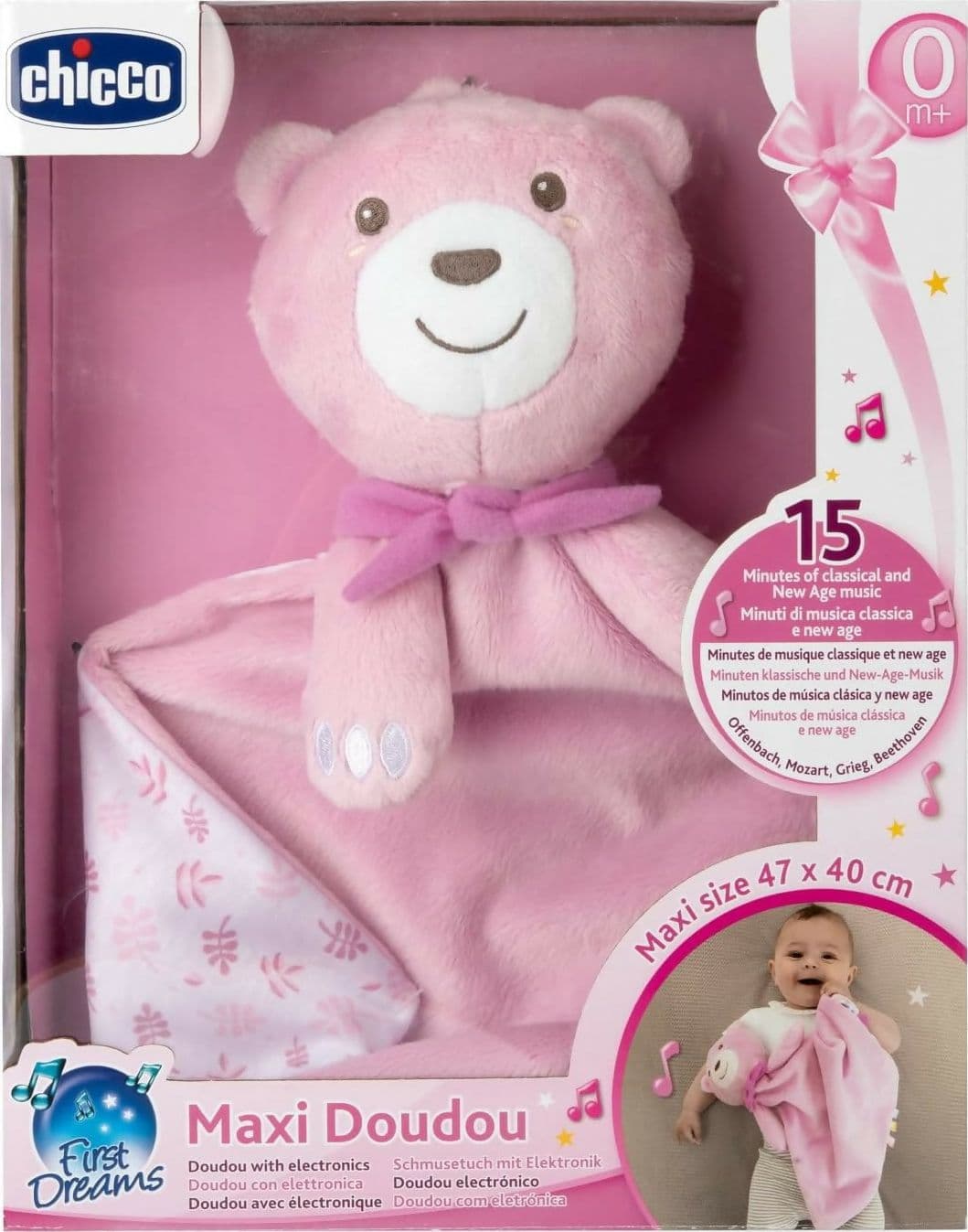 CHICCO Gioco Maxi Doudou, Pupazzo In Morbido Velluto A Forma Di Orsacchiotto, con Musica Classica e New Age, Peluche Neonato, Soffice da Coccolare, Lavabile in Lavatrice, 0+ Mesi, Rosa