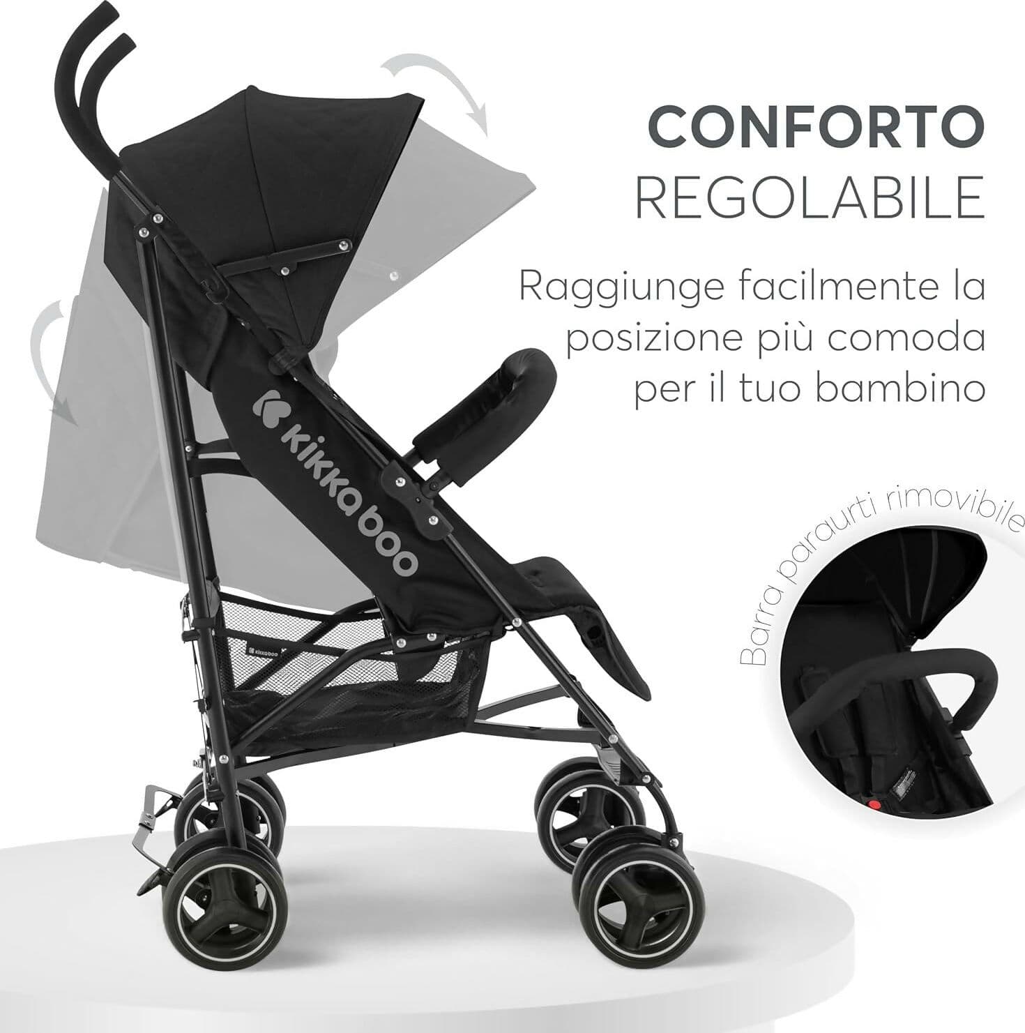 KIKKABOO Passeggino BEETLE - Passeggino da viaggio omologato fino a 22 kg - Pieghevole, Leggero, Compatto, colore NERO - telaio in alluminio, Chiusura Compatta, Schienale Reclinabile e Regolabile, Poggiagambe in Passeggini compatti Sanitaria Gioia del Bimbo - Villa San Giovanni, commercioVirtuoso.it