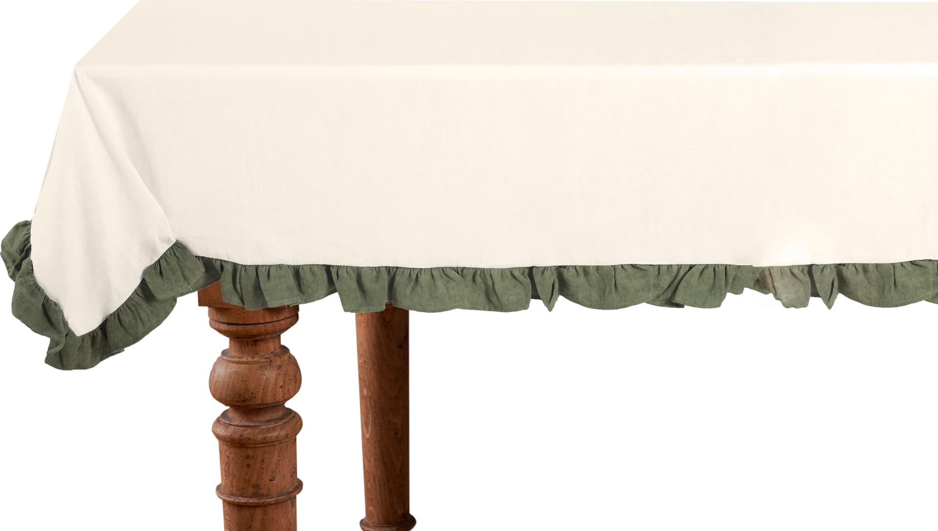 Tovaglia da tavola in 100% puro lino lavato delavè stone washed morbido resistente elegante made in italy  Avorio con Frou Fou Oliva