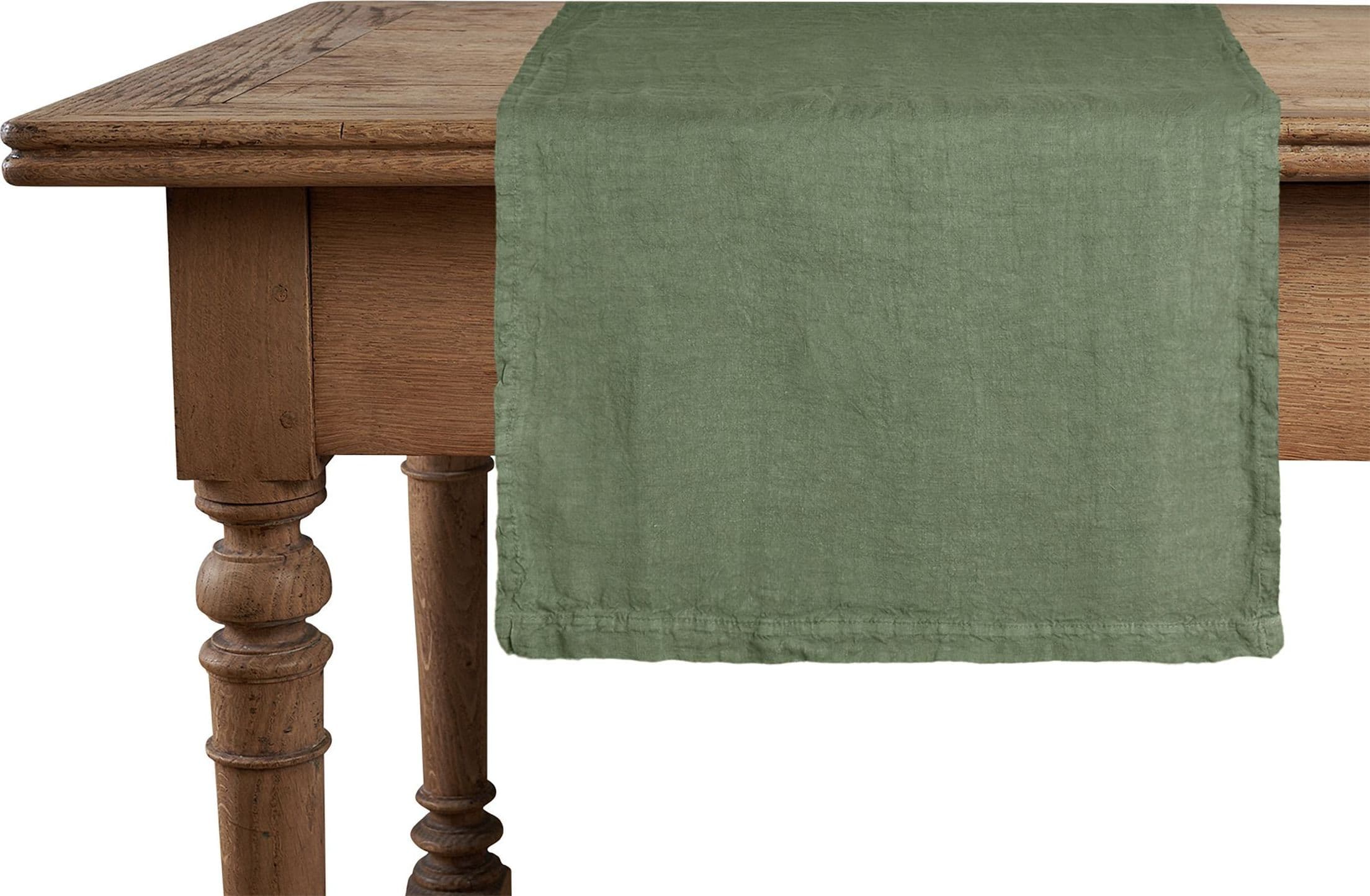 Runner da tavola in 100% puro lino lavato delavè stone washed morbido resistente elegante made in italy VERDE OLIVA