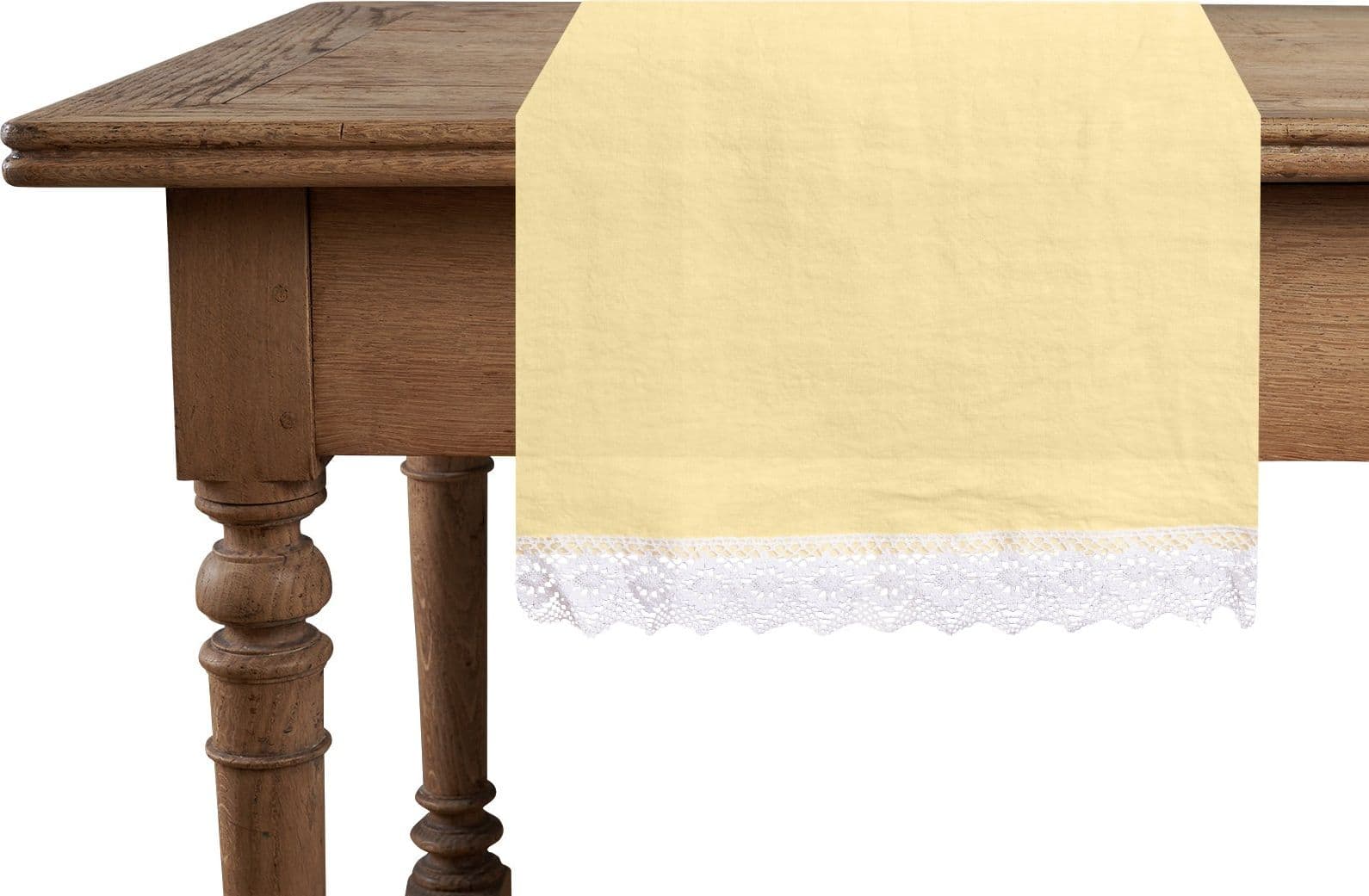 Runner da tavola in 100% puro lino lavato delavè stone washed morbido resistente elegante made in italy Giallino con Pizzo