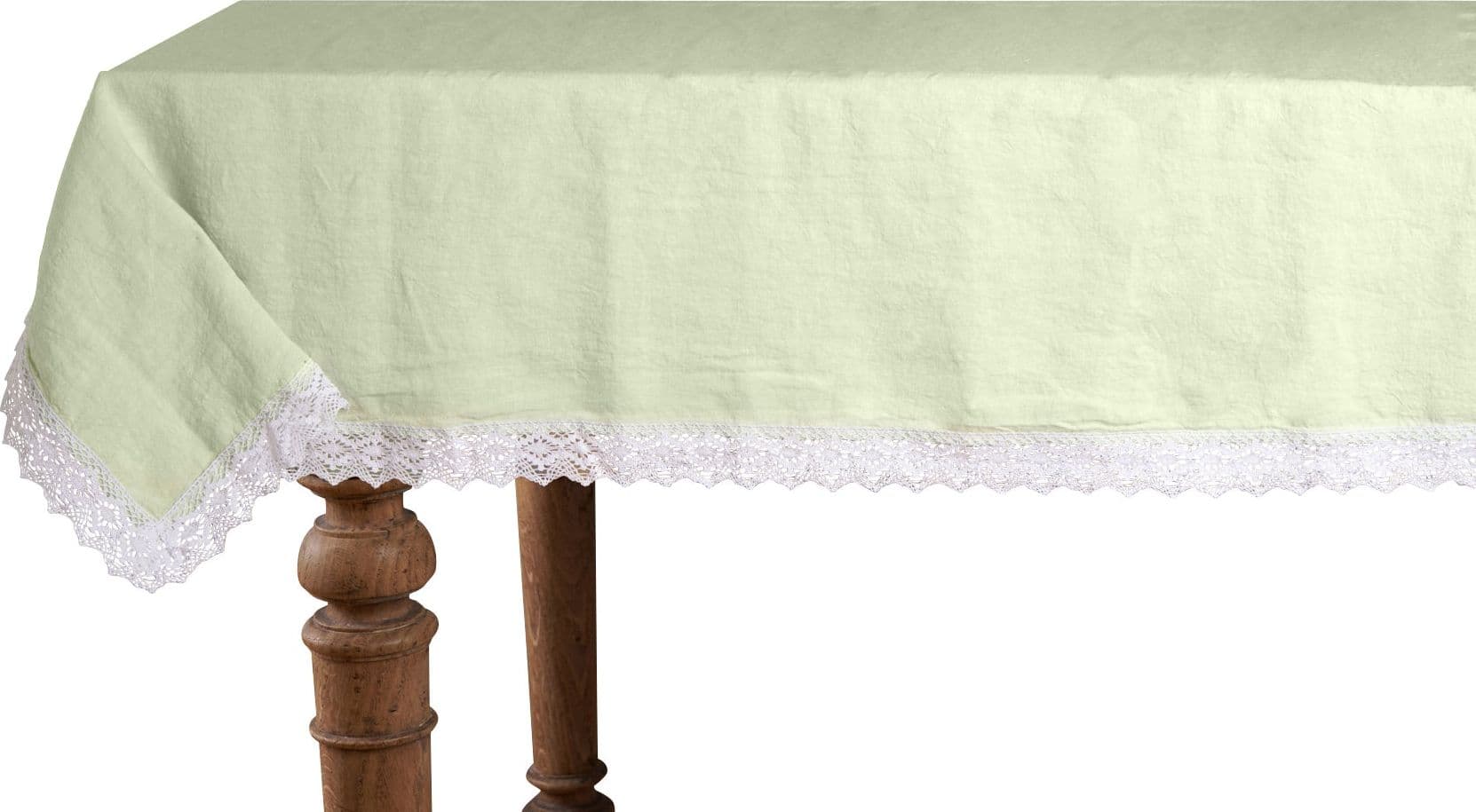 Tovaglia da tavola in 100% puro lino lavato delavè stone washed morbido resistente elegante made in italy Verde Delicato con Dettagli in Pizzo