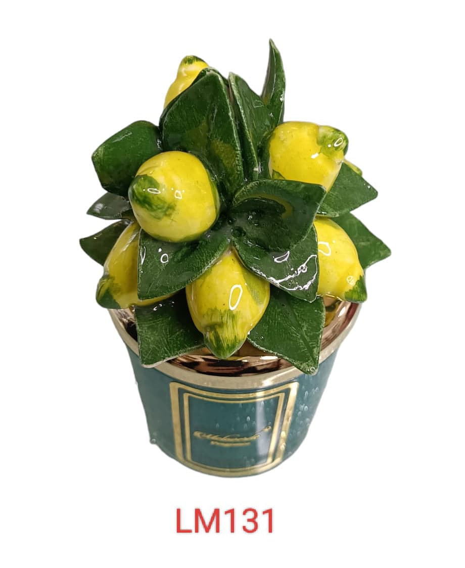 Candela piccola in ceramica verde Melaverde Linea Limoni da 100gr, decorata a mano con motivo limoni, con scatola regalo inclusa.