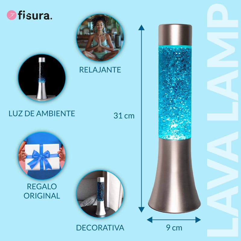 FISURA Lampada lava glitter da 30 cm con base argento e liquido blu in Autocategorizzazione Più Di Più Ideas - Casalnuovo di Napoli, commercioVirtuoso.it