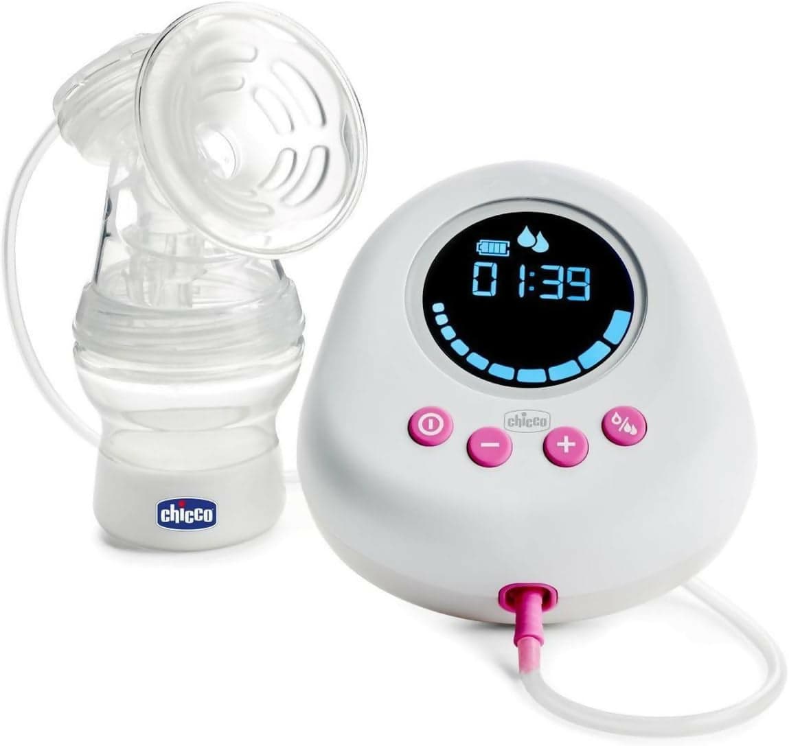 Chicco Tiralatte Elettrico con Fasi di Stimolazione ed Estrazione, 10 Livelli di Intensità, Confortevole e Veloce, Forma Ergonomica, con Tettarella Inclinata e Tappo Ermetico, Bianco, 150 ml