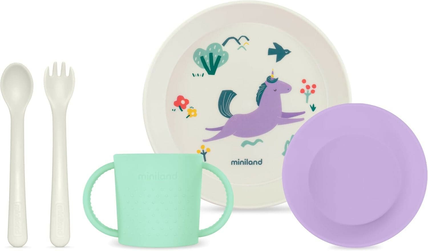 MINILAND Learning tableware Dream - set pappa educativo - bicchiere con manici, piatto piano, ciotola piatto fondo, posate - unicorno