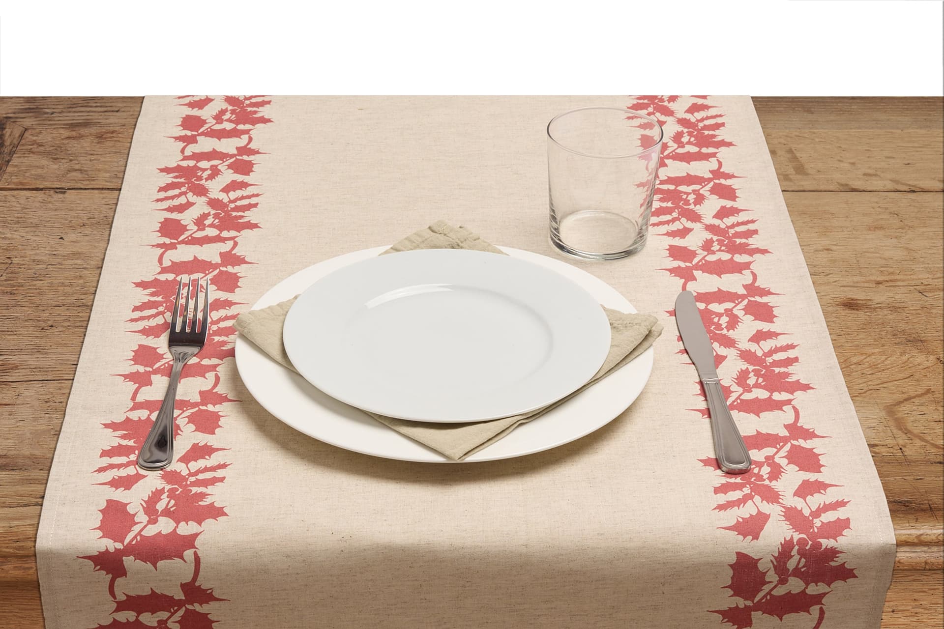 Runner da tavola feste natale natalizia in misto lino decoro natale natalizio morbido resistente elegante made in italy AGRIFOGLIO ROSSO - Vanita di raso