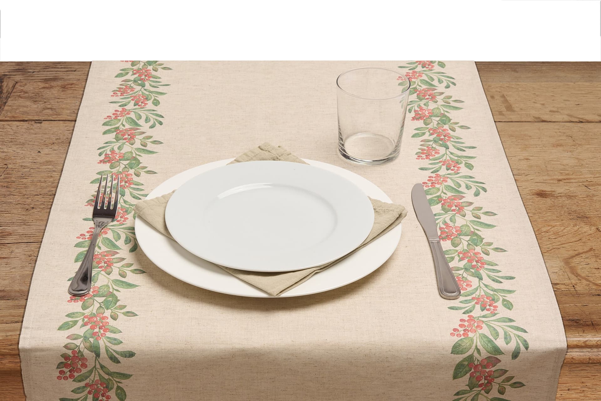 Runner da tavola feste natale natalizia in misto lino decoro natale natalizio morbido resistente elegante made in italy BACCHE - Vanita di raso