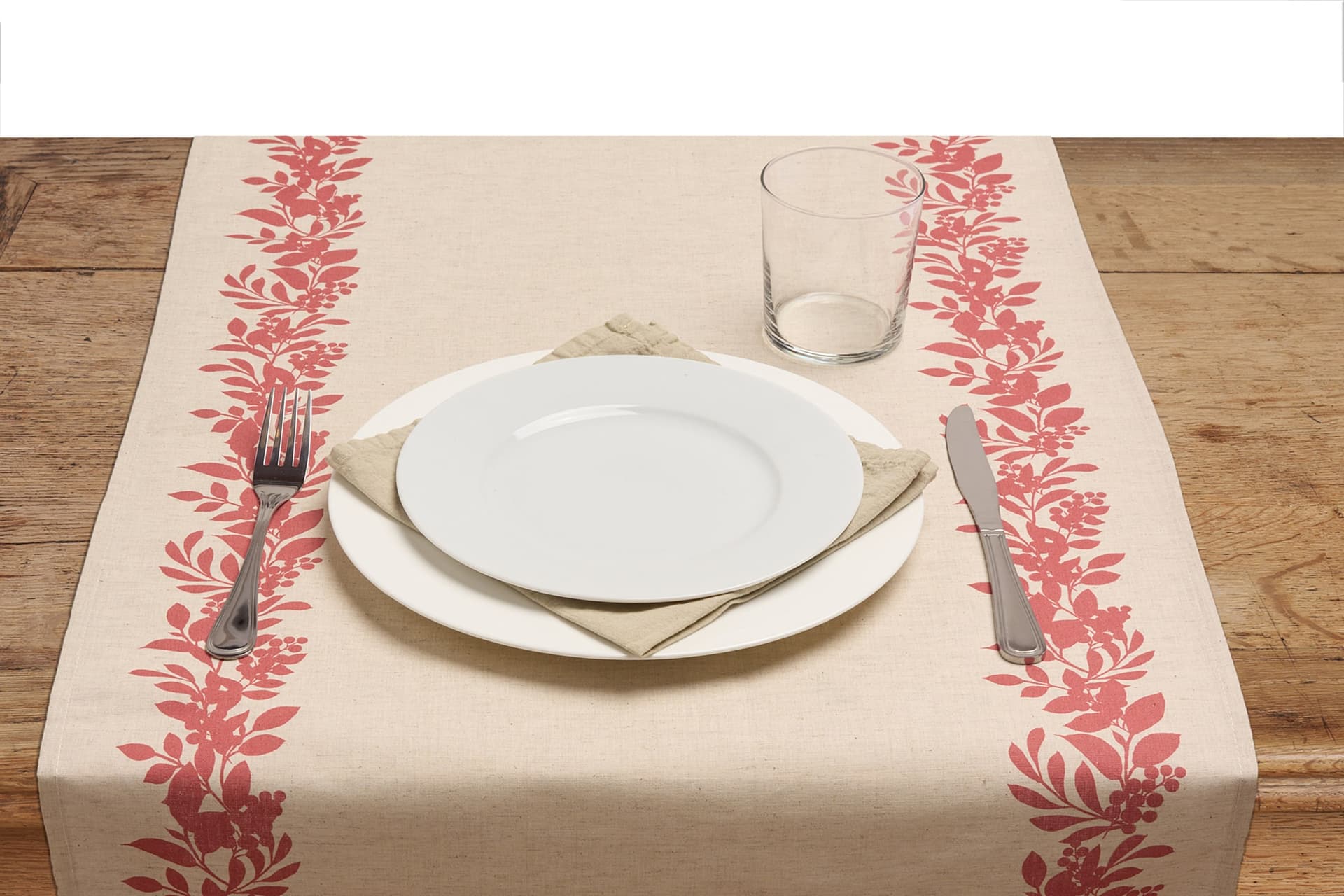 Runner da tavola feste natale natalizia in misto lino decoro natale natalizio morbido resistente elegante made in italy BACCHE ROSSE - Vanita di raso