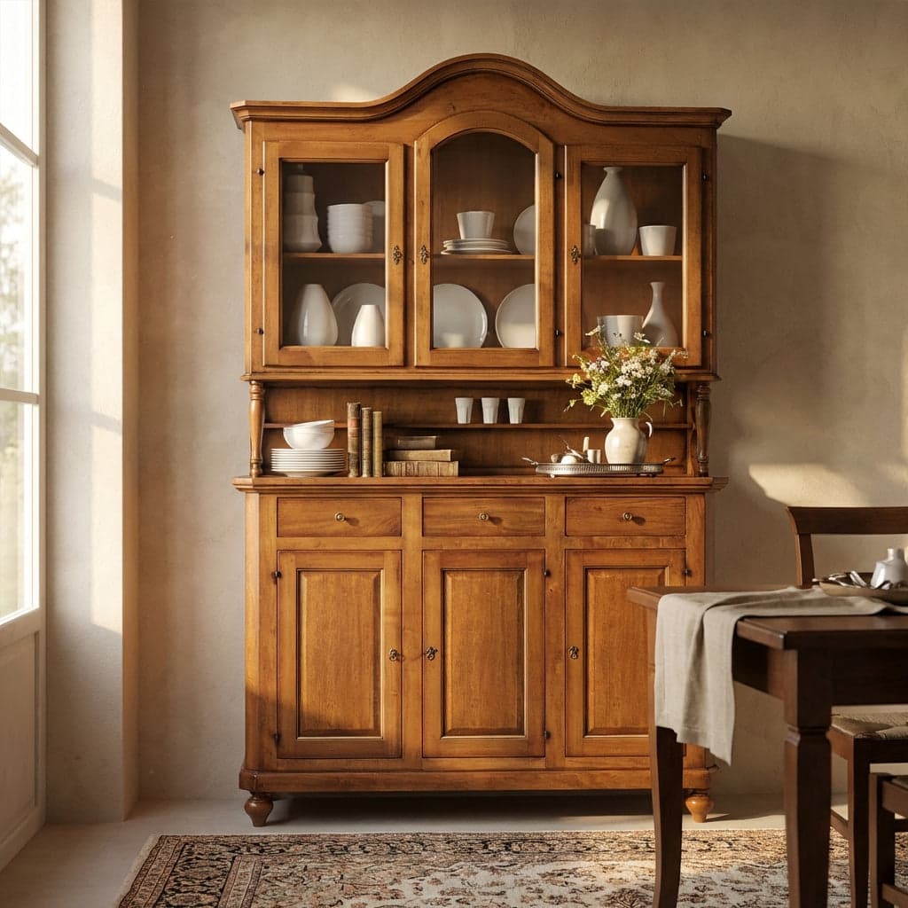KYLIE - credenza con vetrina in legno massello 150x43x228 Tinta noce in Credenze Milani Home - Dueville, commercioVirtuoso.it