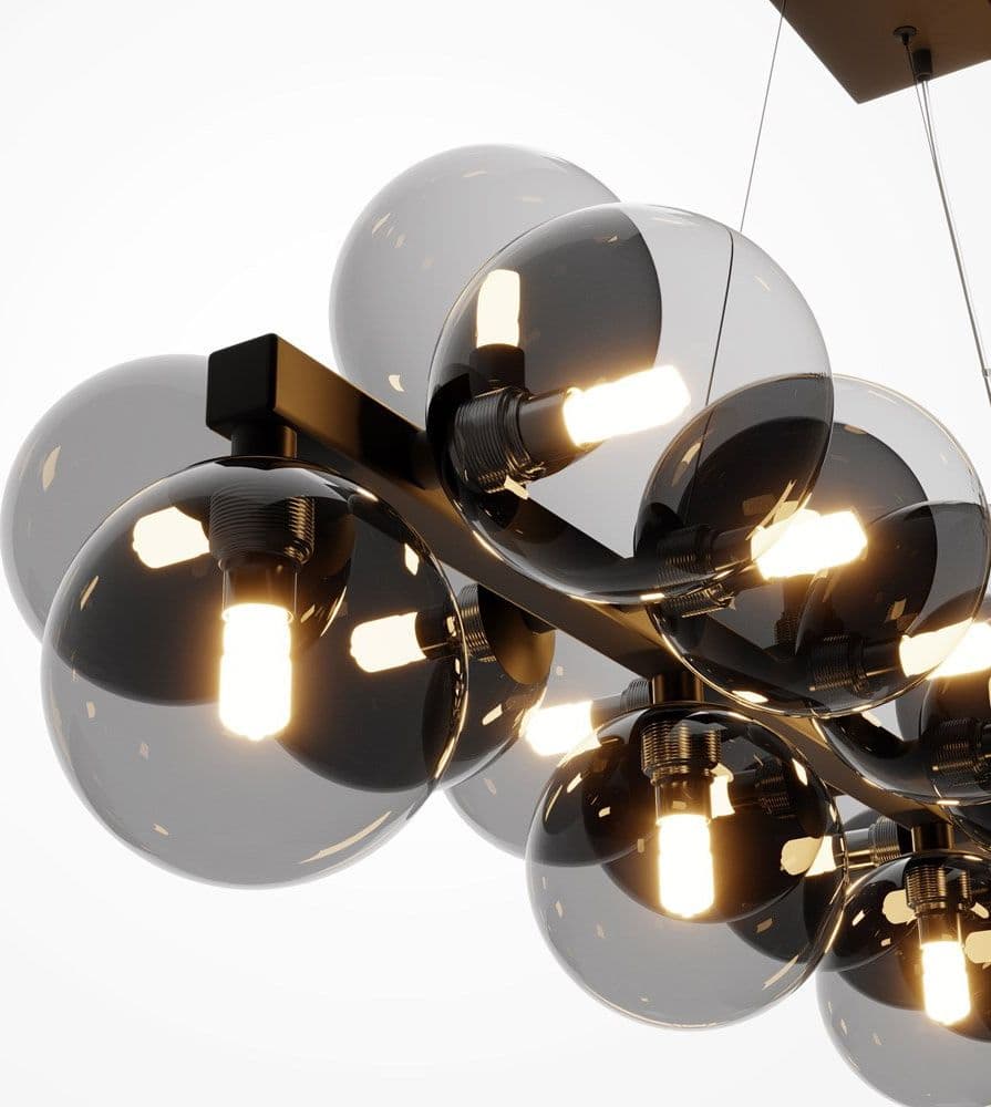 Lampadario Contemporaneo Dallas Metallo Nero 25 Luci Diffusori Vetro Nero Specchiato in Lampadari LuceArt - Montecorvino Pugliano, commercioVirtuoso.it