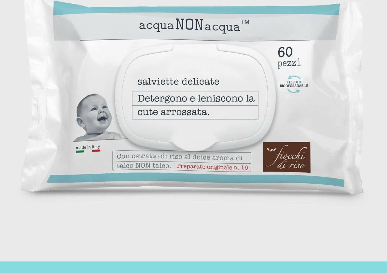 FIOCCHI DI RISO Acqua NON Acqua™ Salviettine Delicate Detergenti - con estratto di riso al dolce aroma di talco NON talco - 12 pacchi da 60 salviettine - 720 salviettine