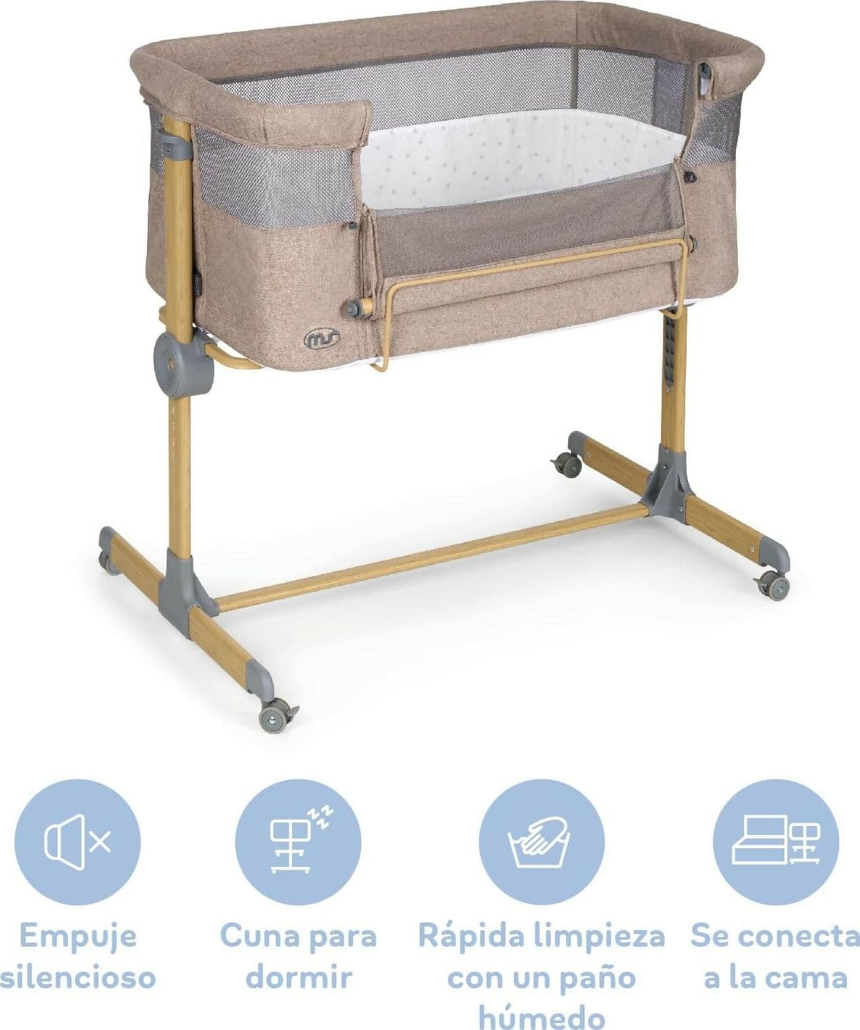 MS Sleepy - Culla Neonato Fianco Letto, Compatibile Con Diversi Letti, Altezza Regolabile, Inclinabile, Buona Circolazione Dell'Aria, Materasso E Borsa Inclusi, Zanzariera di serie inclusa, lacci inclusi, colore BEIGE con effetto legno in Lettini da affiancare Sanitaria Gioia del Bimbo - Villa San Giovanni, commercioVirtuoso.it