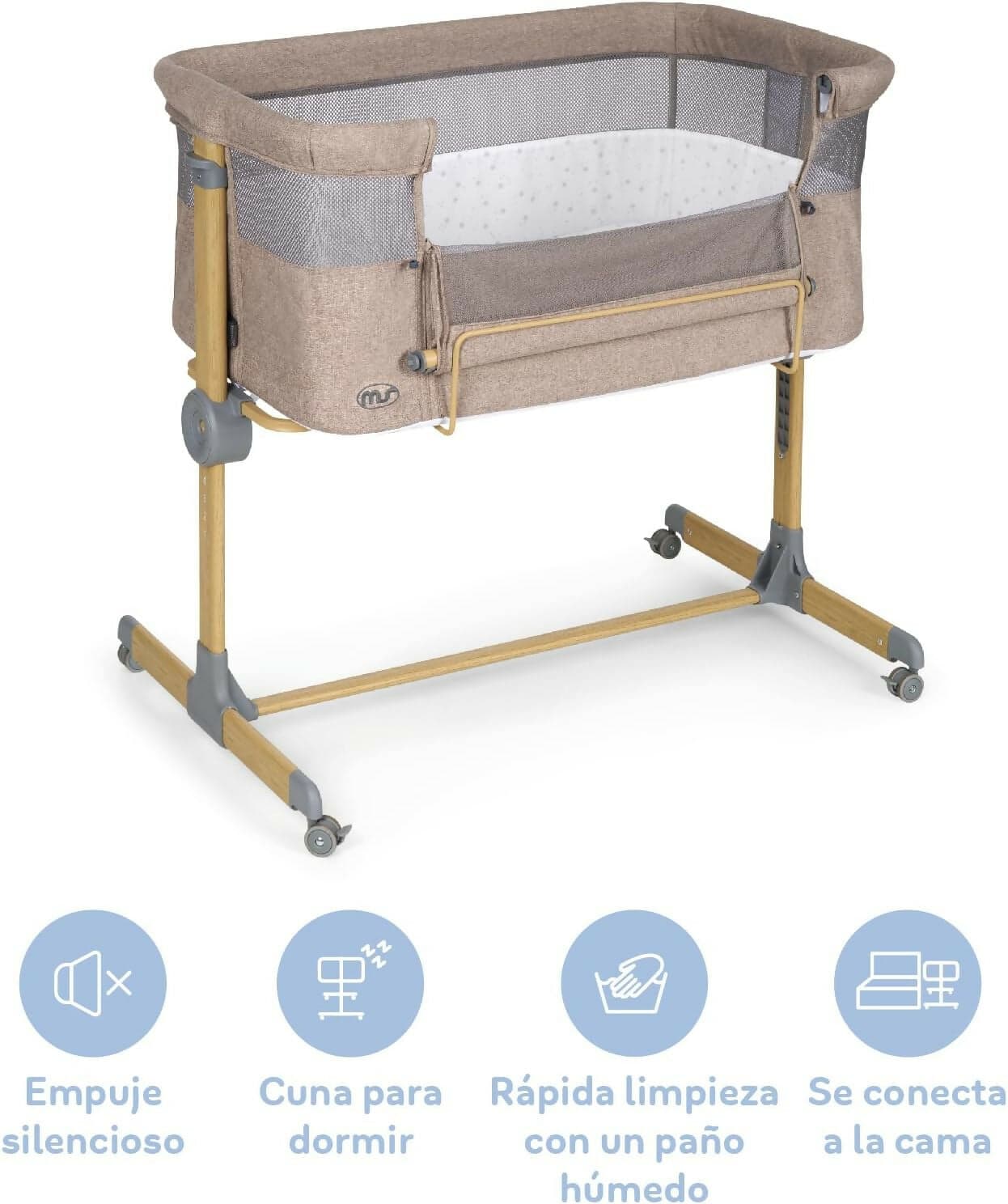 MS Sleepy - Culla Neonato Fianco Letto, Compatibile Con Diversi Letti, Altezza Regolabile, Inclinabile, Buona Circolazione Dell'Aria, Materasso E Borsa Inclusi, Zanzariera di serie inclusa, lacci inclusi, colore BEIGE con effetto legno in Lettini da affiancare Sanitaria Gioia del Bimbo - Villa San Giovanni, commercioVirtuoso.it