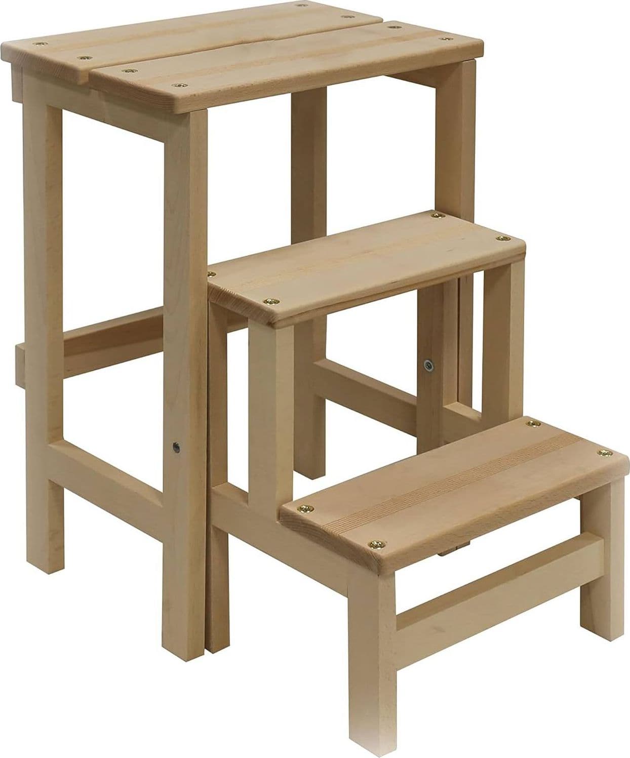 Sgabello "Ribaltina" realizzato in legno grezzo con sistema di ribalta a tre gradini in Scale multiuso La Zappa - Altamura, commercioVirtuoso.it