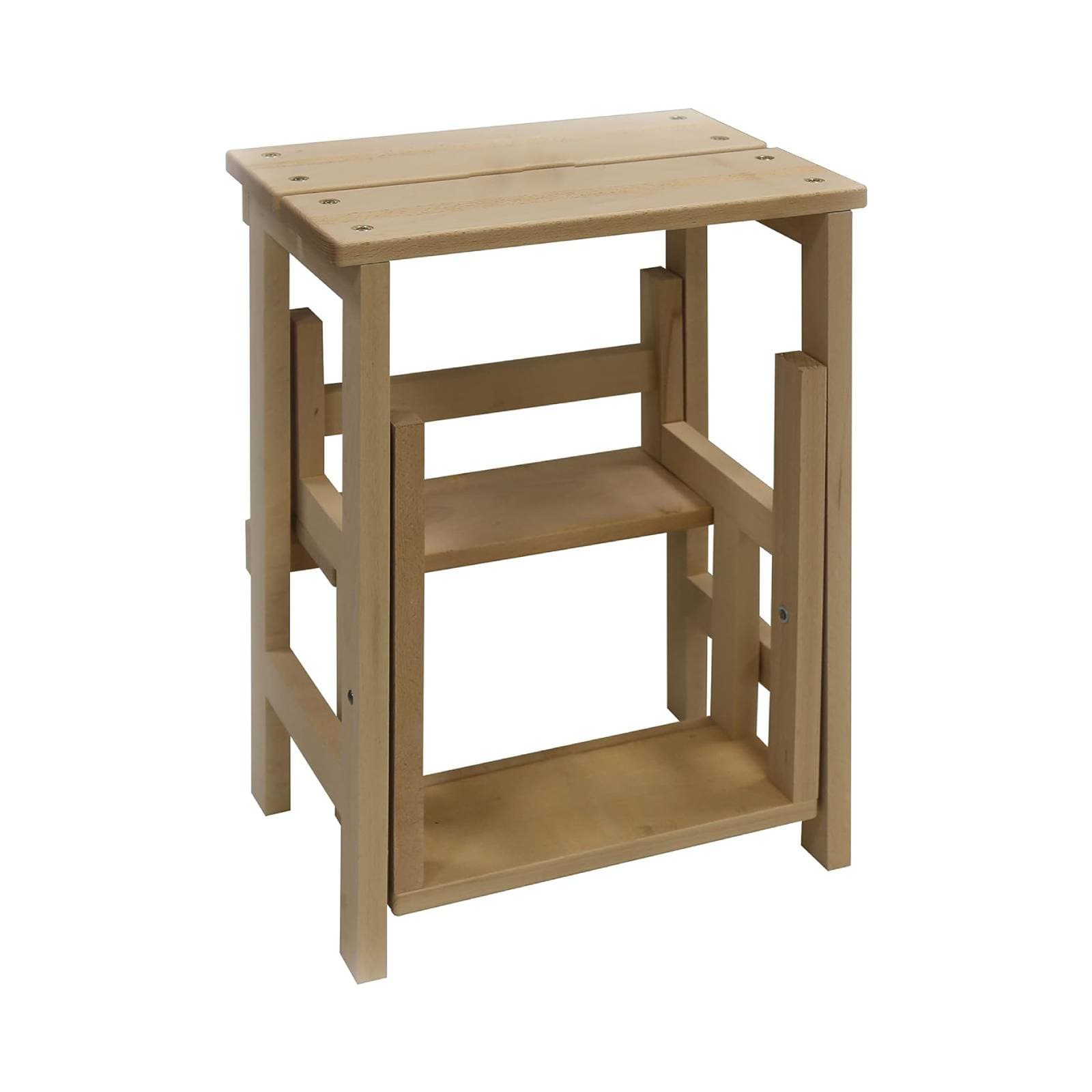 Sgabello "Ribaltina" realizzato in legno grezzo con sistema di ribalta a tre gradini in Scale multiuso La Zappa - Altamura, commercioVirtuoso.it