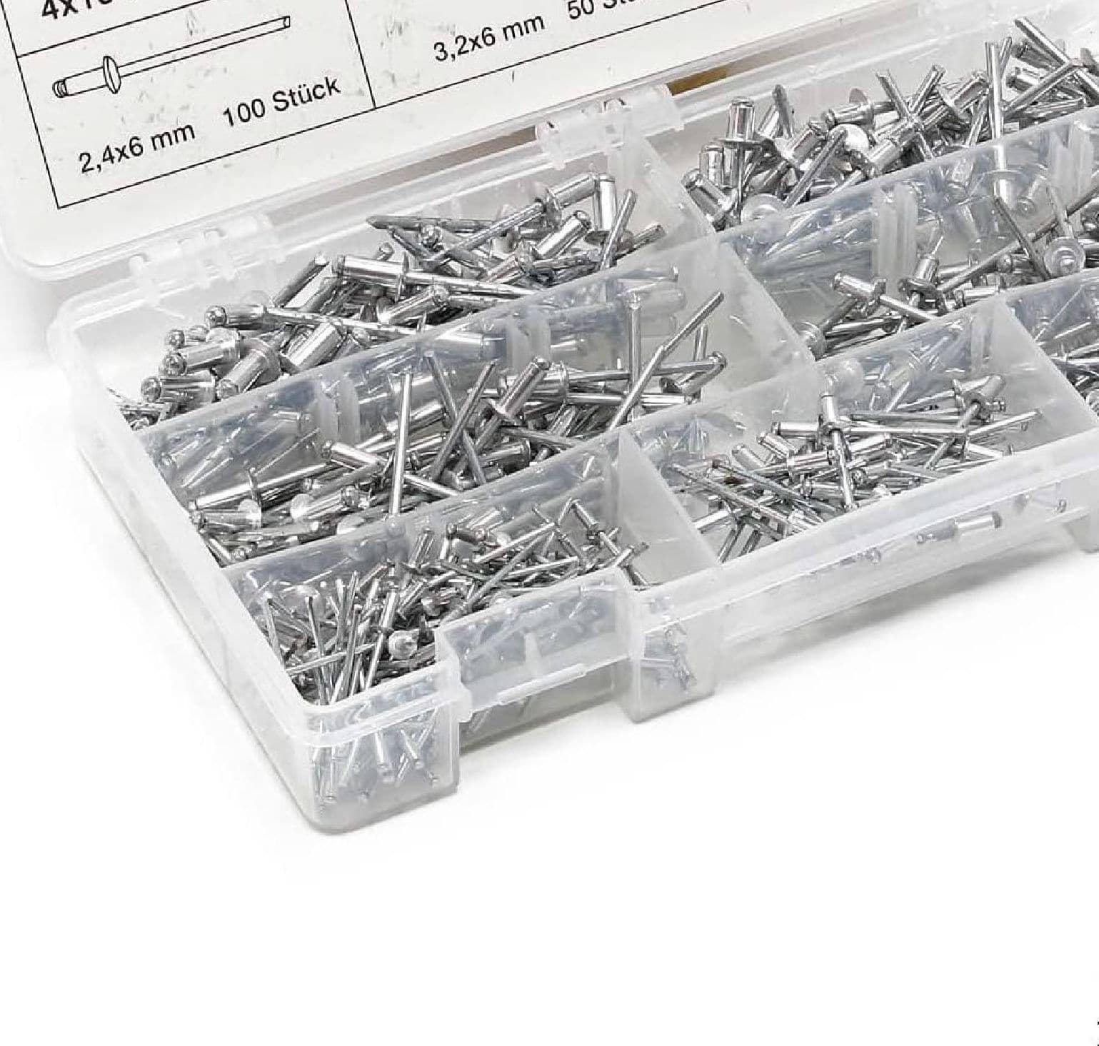 Assortimento rivetti con testa in alluminio e chiodi d'acciaio in cassetta di plastica da 320 pezzi in Chiodi di finitura La Zappa - Altamura, commercioVirtuoso.it