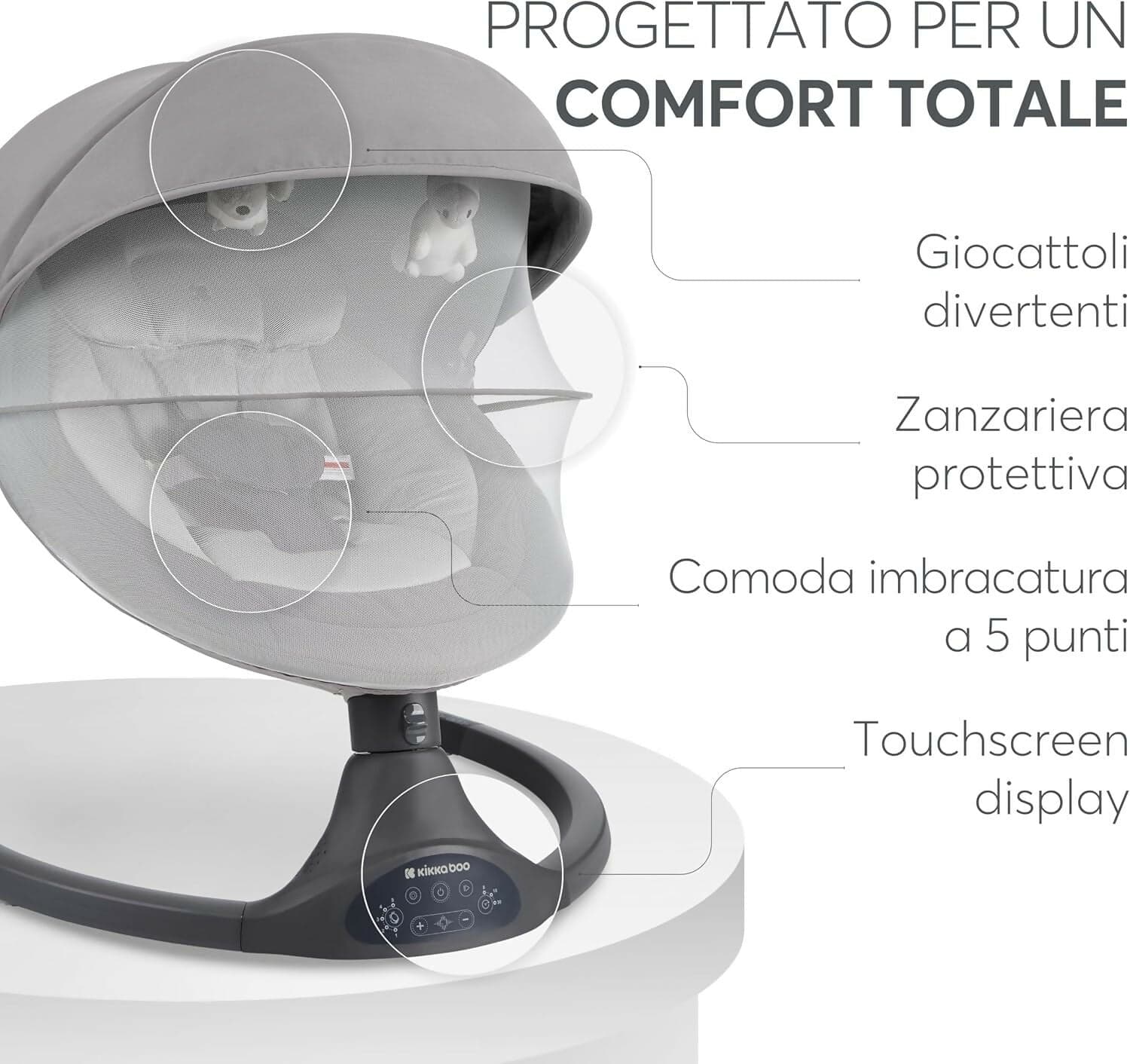 KIKKABOO Sdraietta Neonati Elettrica CODIE - Dondolo Elettrico per Neonati con Bluetooth, 5 Velocità, Schienale Regolabile, 10 Melodie, Fino a 9 kg, colore LIGHT GREY - GRIGIO CHIARO - con Telecomando - rilassante, calmante in Sdraiette e dondolini Sanitaria Gioia del Bimbo - Villa San Giovanni, commercioVirtuoso.it