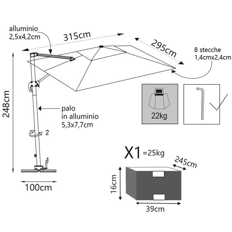 TESLA - ombrellone da giardino decentrato con led 3x3 Bianco in Ombrelloni Milani Home - Dueville, commercioVirtuoso.it