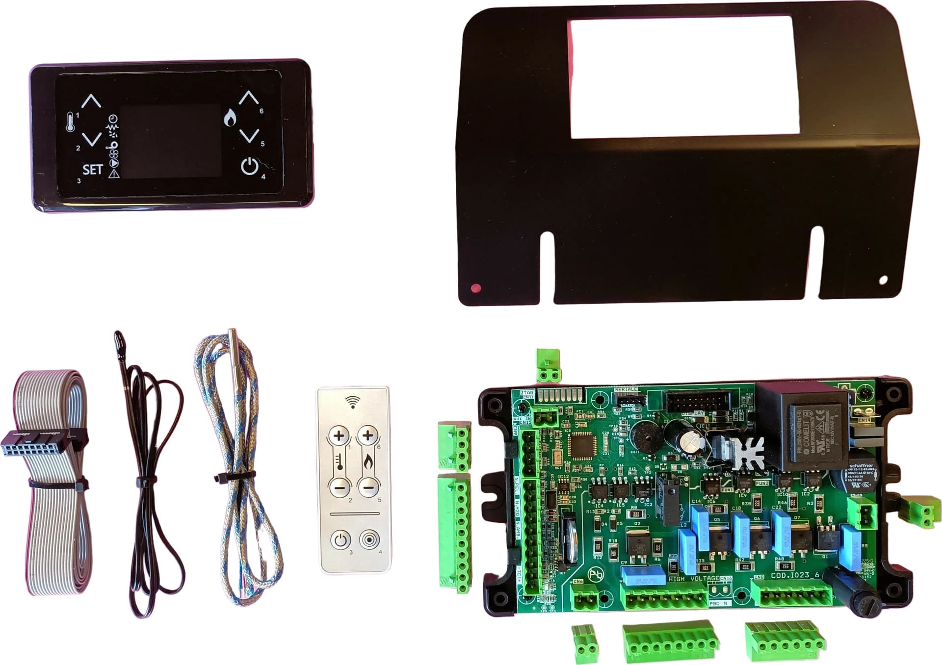 Kit professionale composto scheda I023_6-Dispaly Lcd 6 Tasti Touch-Cavo Flat-Sonda Ambiente-Sonda Fumi-Telecomando-Supporto Inclinato per Display