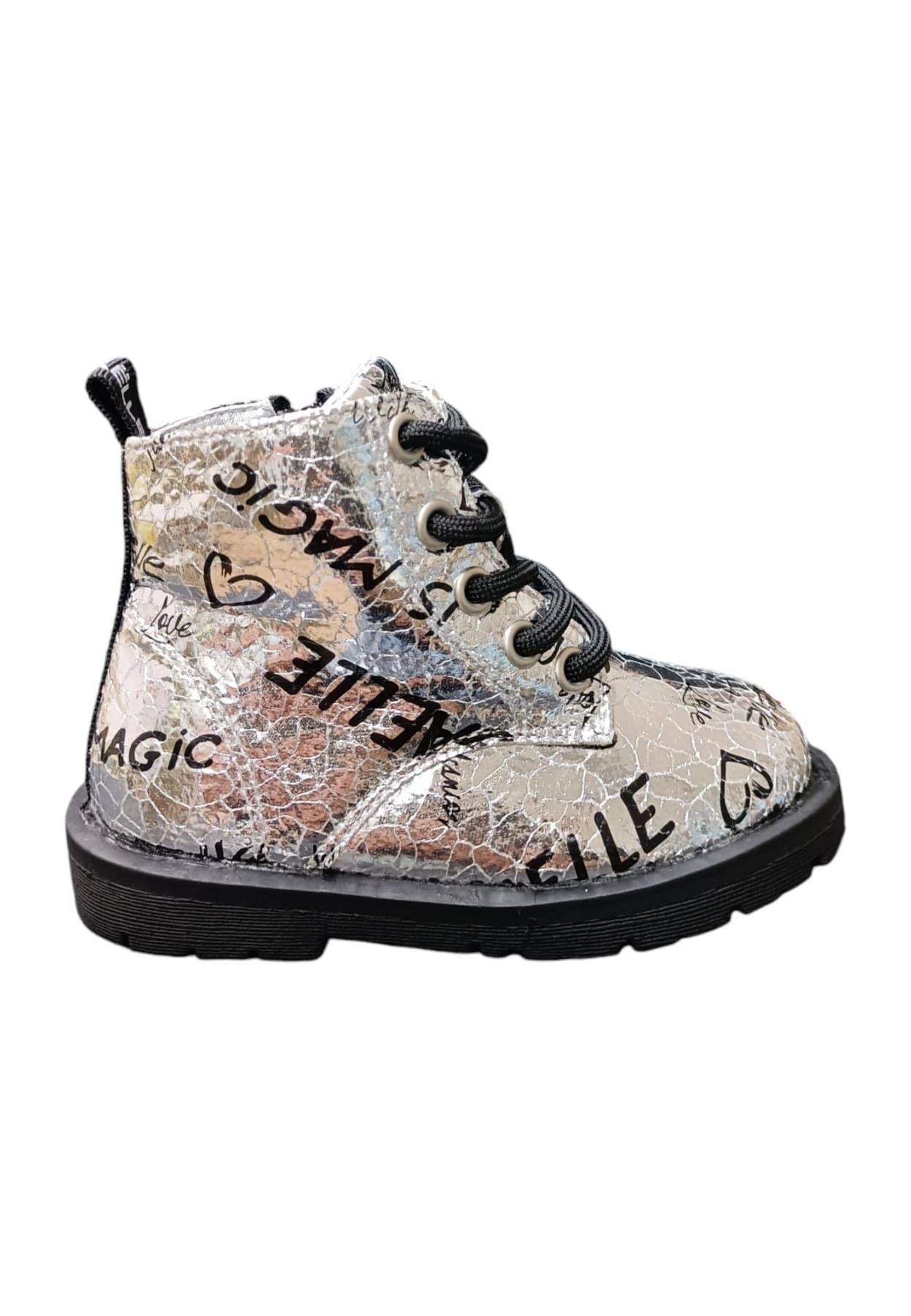 Anfibio bambina Gaelle Blond argento nero pelle crack lacci urban style - 6