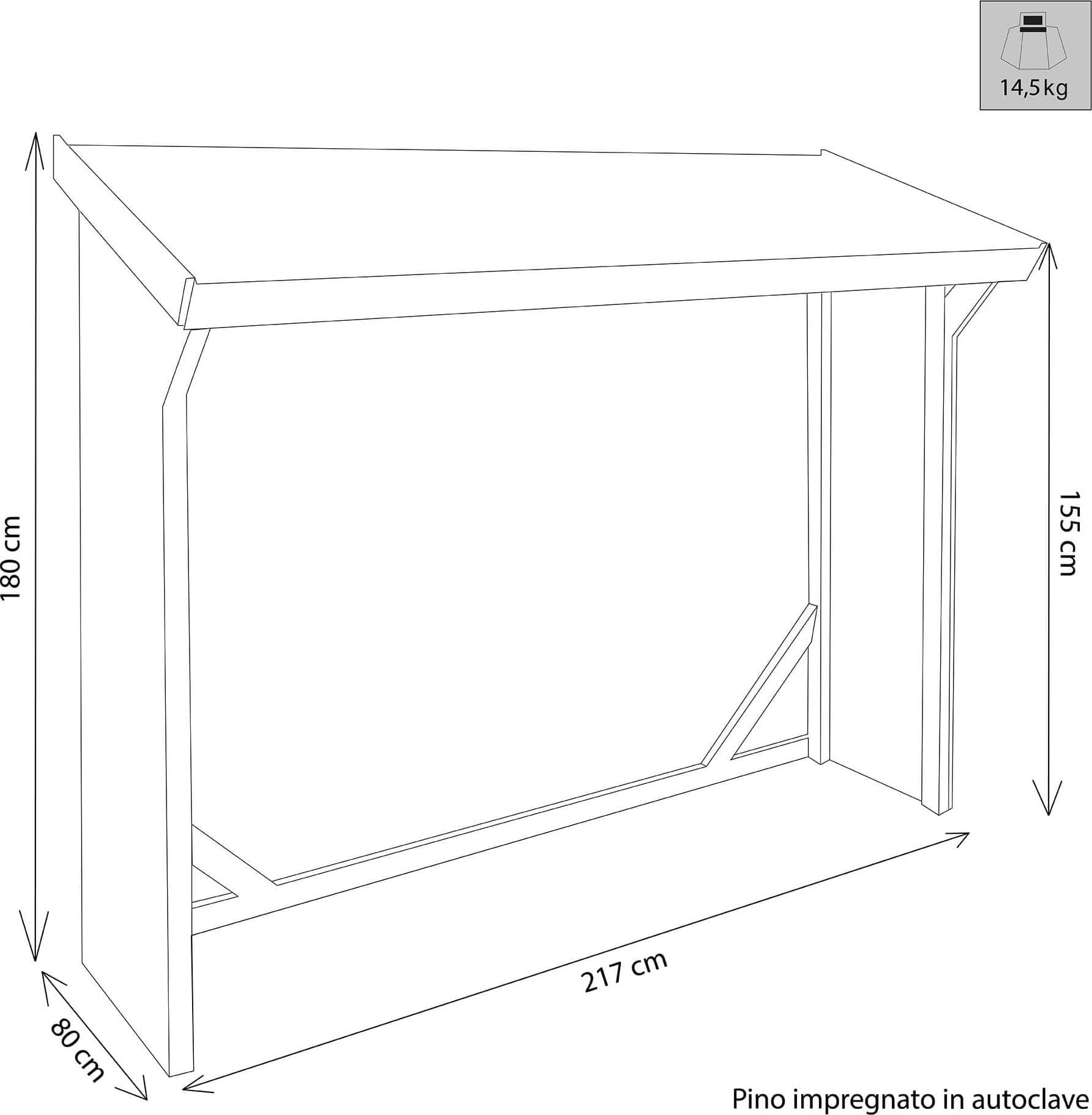 Legnaia da giardino in legno di pino impregnato in autoclave 217x80x155/180 Marrone in Casette da giardino Milani Home - Dueville, commercioVirtuoso.it