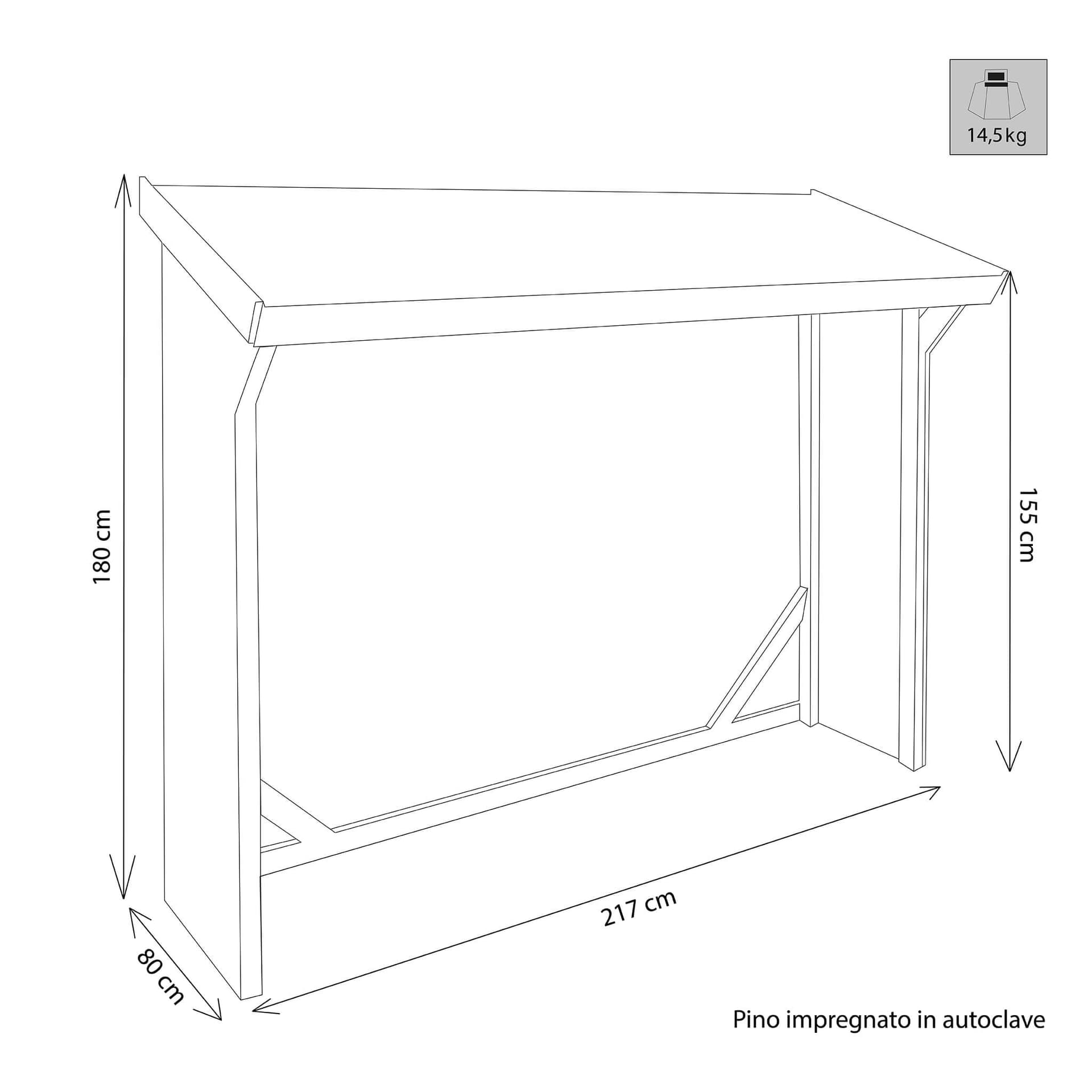 Legnaia da giardino in legno di pino impregnato in autoclave 217x80x155/180 Marrone in Casette da giardino Milani Home - Dueville, commercioVirtuoso.it