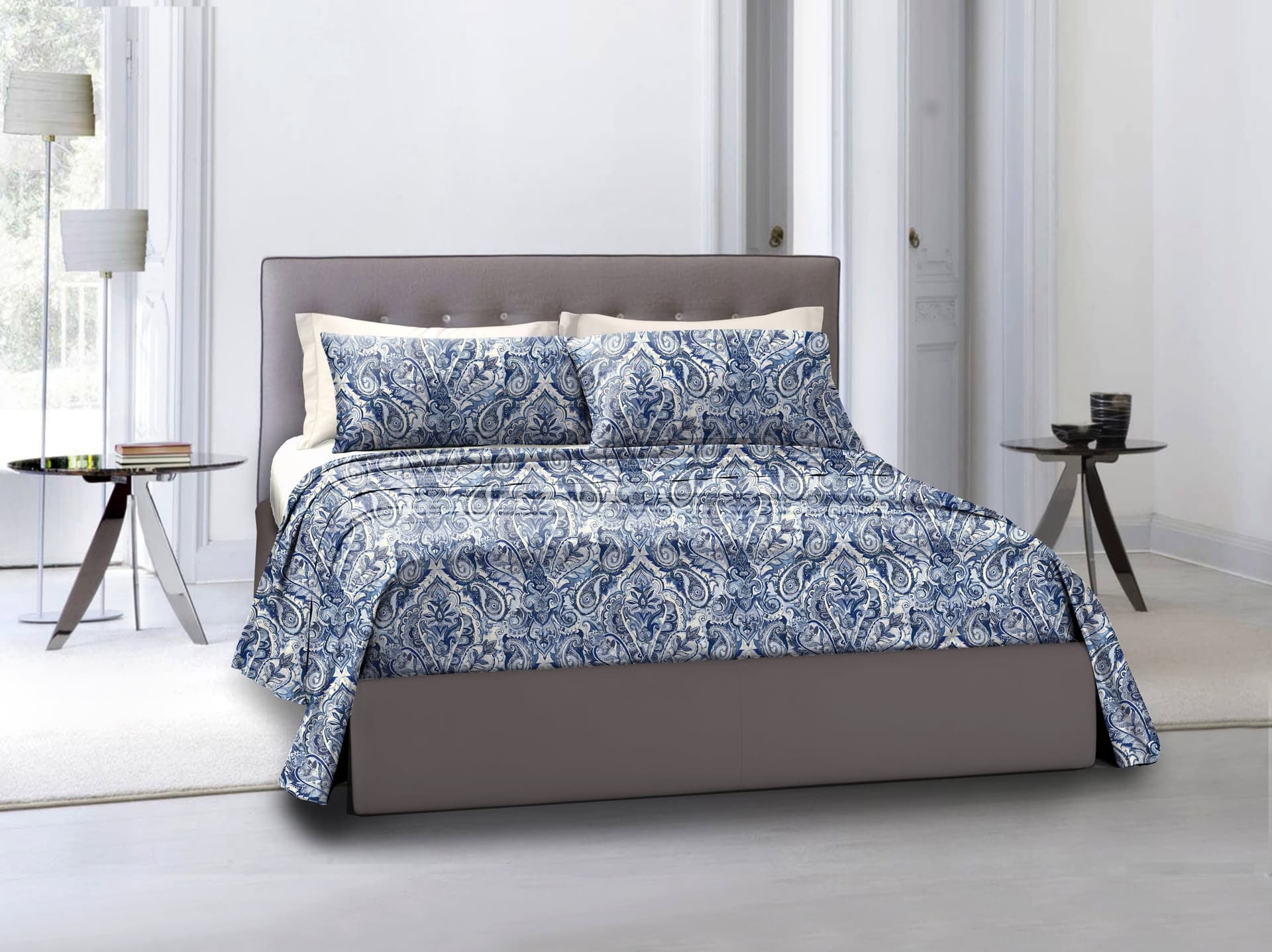 Completo letto lenzuola federe stampa digitale in cotone made in italy PAISLEY AZZURRO in Set di lenzuola e federe Vanita di raso - Sesto San Giovanni, commercioVirtuoso.it