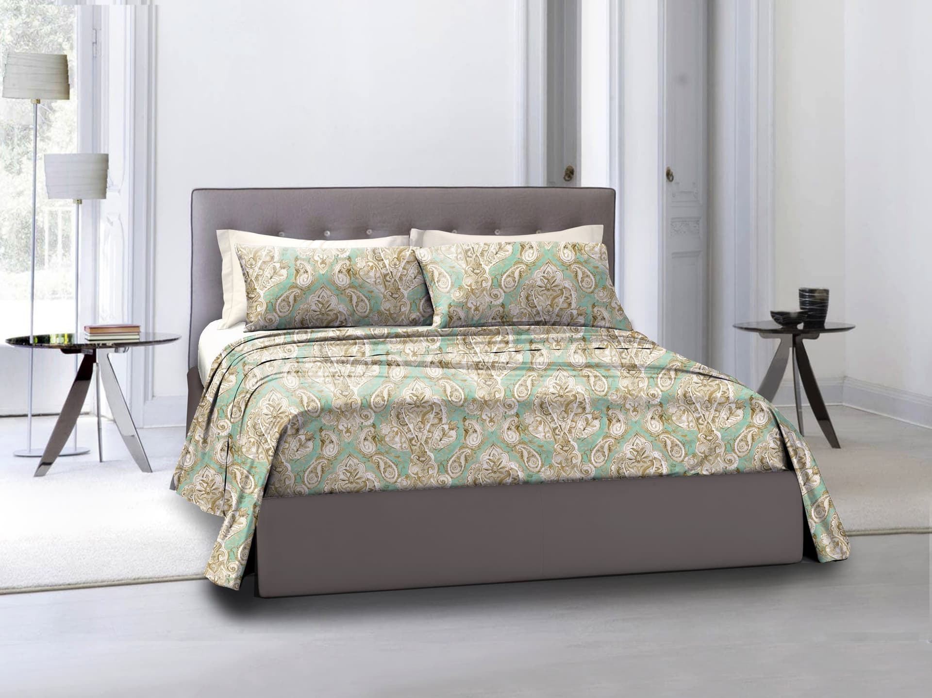 Completo letto lenzuola federe stampa digitale in cotone made in italy PAISLEY VERDE in Set di lenzuola e federe Vanita di raso - Sesto San Giovanni, commercioVirtuoso.it