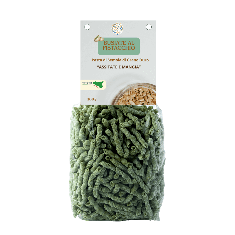 Pasta Busiate al Pistacchio di Semola di Grano Duro in Pasta corta Tesori Di Sicilia - Nicosia, commercioVirtuoso.it