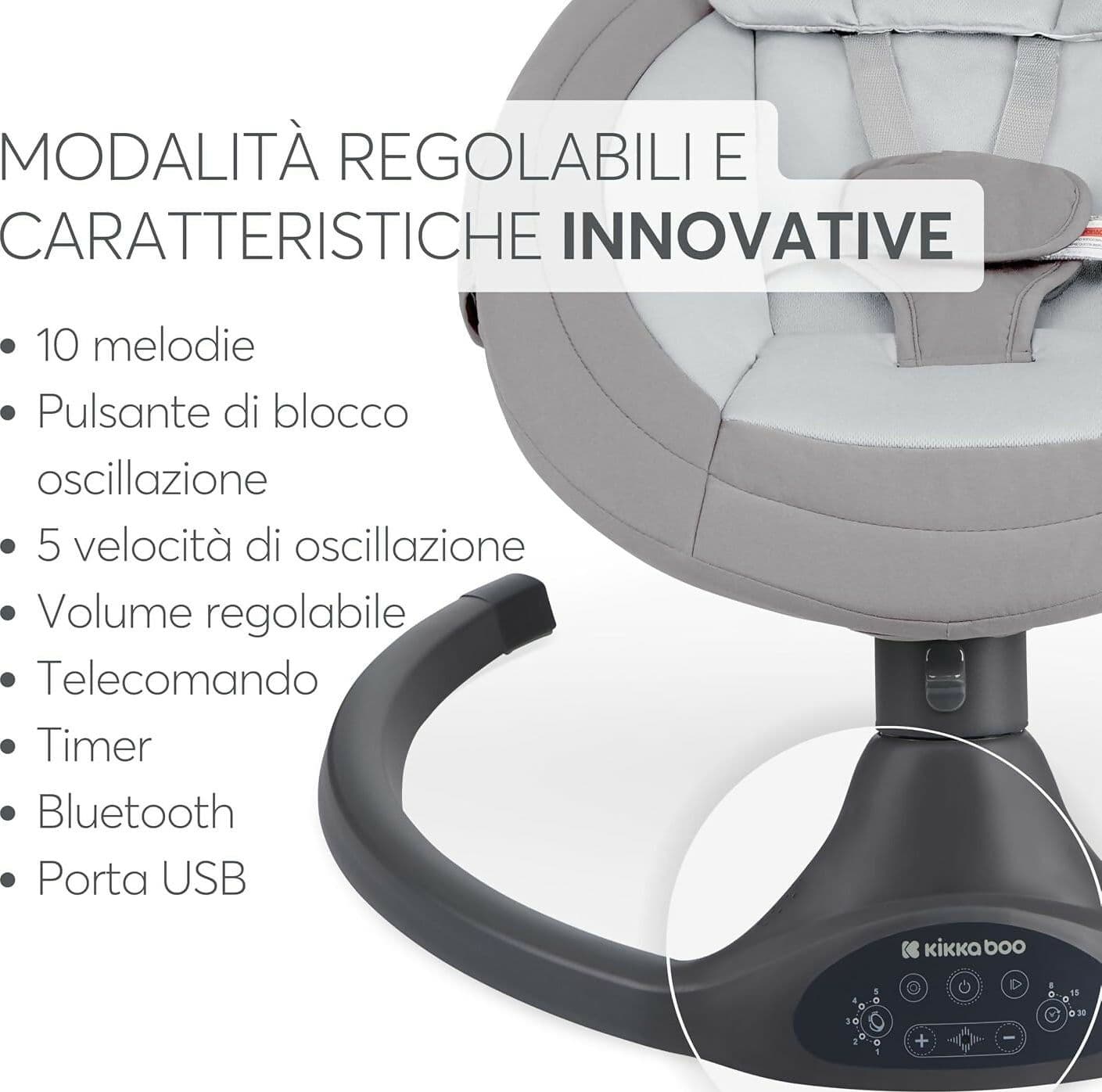 KIKKABOO Sdraietta Neonati Elettrica CODIE - Dondolo Elettrico per Neonati con Bluetooth, 5 Velocità, Schienale Regolabile, 10 Melodie, Fino a 9 kg, colore LIGHT GREY - GRIGIO CHIARO - con Telecomando - rilassante, calmante in Sdraiette e dondolini Sanitaria Gioia del Bimbo - Villa San Giovanni, commercioVirtuoso.it