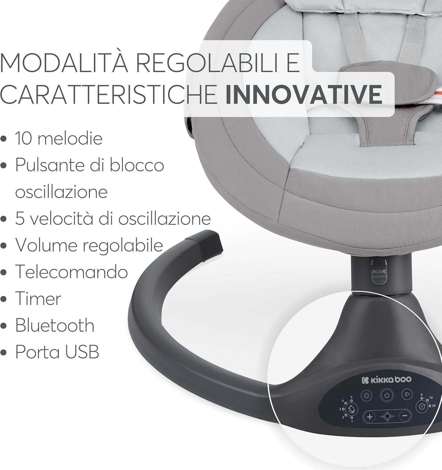 KIKKABOO Sdraietta Neonati Elettrica CODIE - Dondolo Elettrico per Neonati con Bluetooth, 5 Velocità, Schienale Regolabile, 10 Melodie, Fino a 9 kg, colore LIGHT GREY - GRIGIO CHIARO - con Telecomando - rilassante, calmante in Sdraiette e dondolini Sanitaria Gioia del Bimbo - Villa San Giovanni, commercioVirtuoso.it