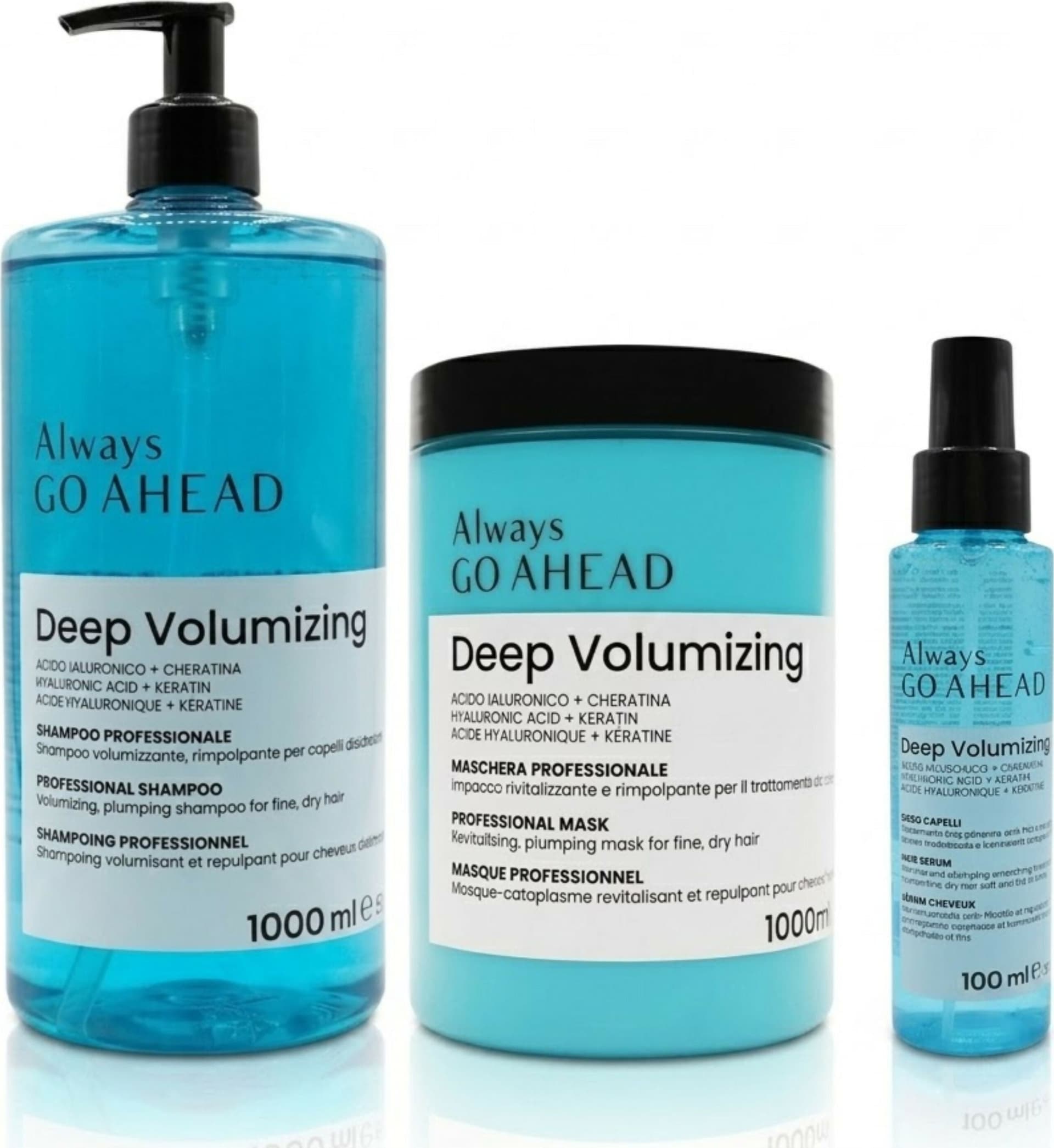 Kit Capelli Volumizzante Professionale Acido Ialuronico e Cheratina - Always GO AHEAD Shampoo e Maschera 1L + siero 100ml