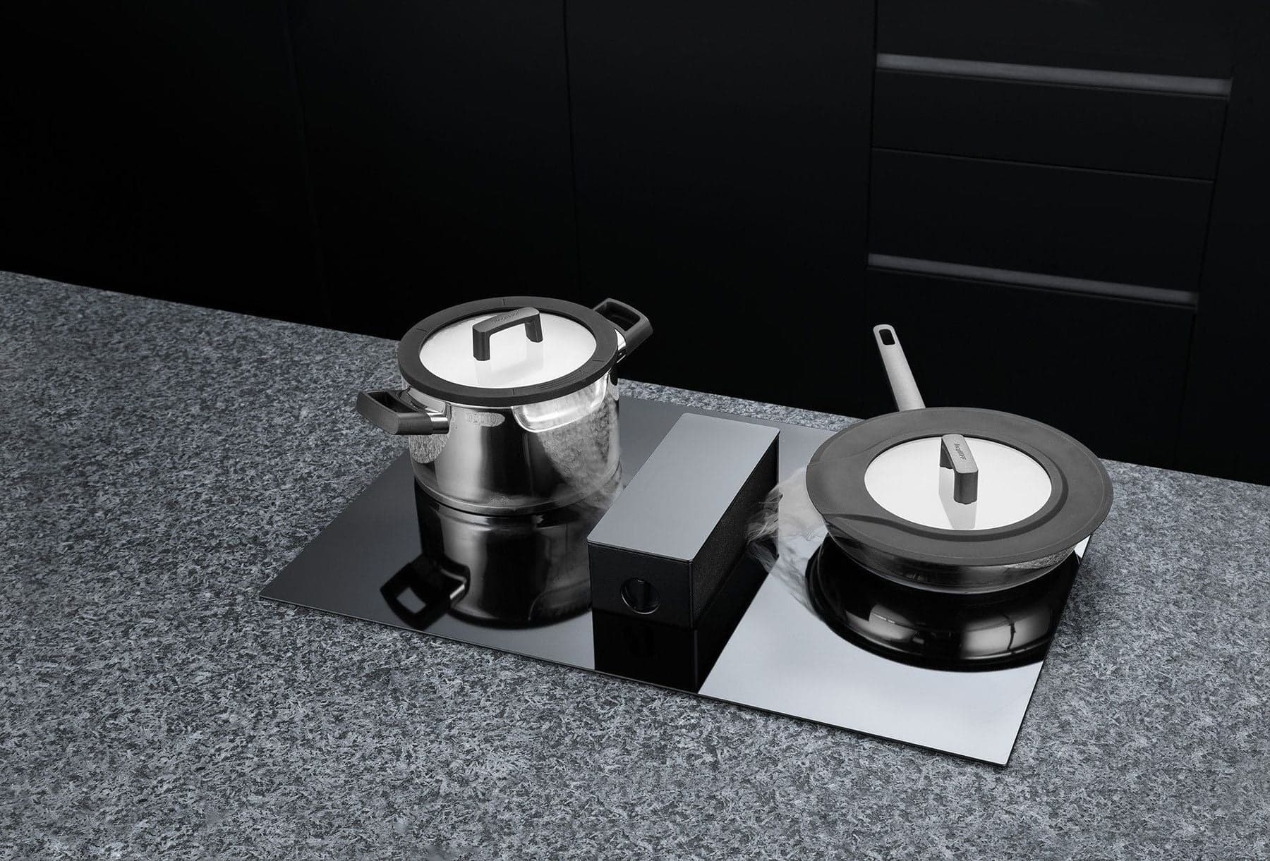 Set pentole Berghoff Uqonic Downdraft 7 pezzi con coperchi rotanti, acciaio inox, antiaderente CeraGreen, adatto a tutti i piani inclusi downdraft