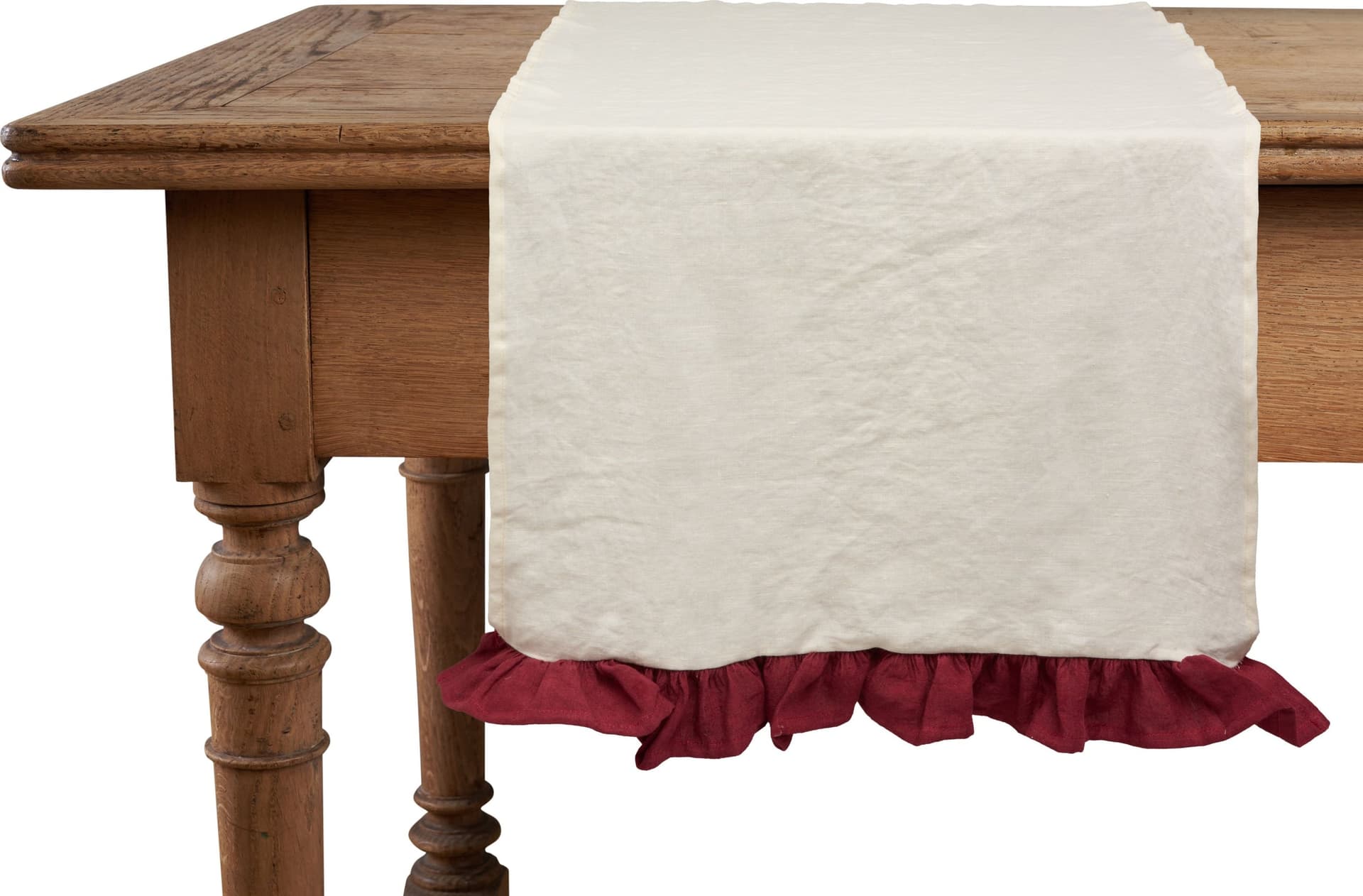 Runner da tavola in 100% puro lino lavato delavè stone washed morbido resistente elegante made in italy Avorio con Frou Frou Bordeaux