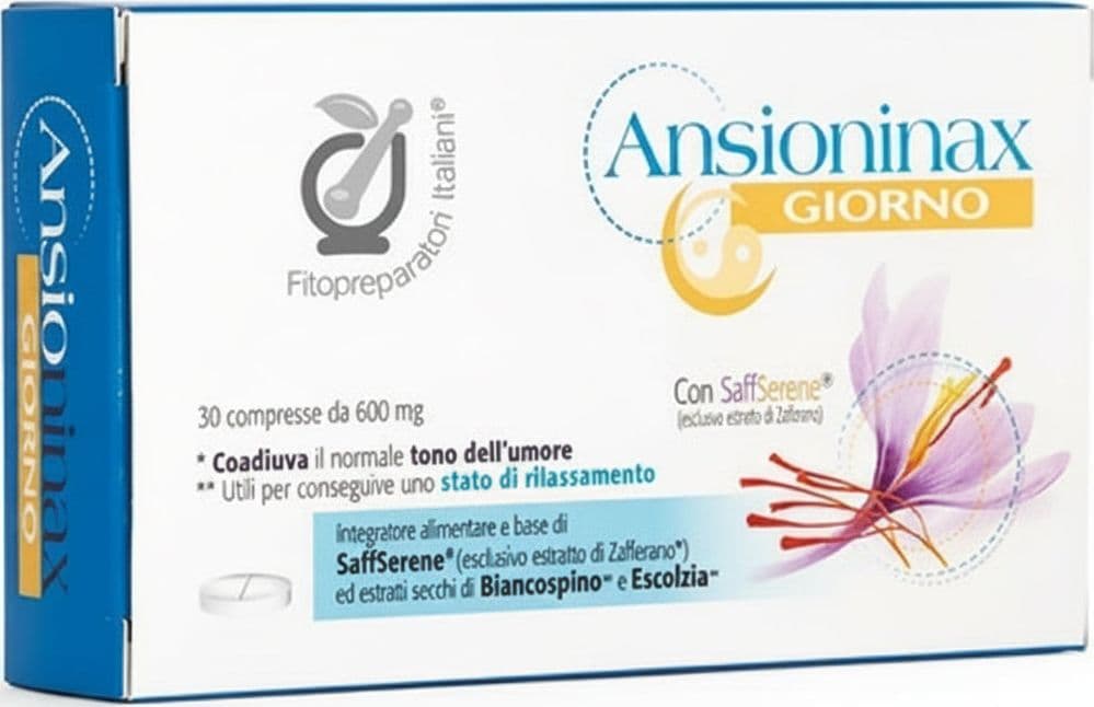 Ansioninax giorno 30 cpr. Integratore alimentare a base di estratto di zafferano, biancospino ed escolzia, per il tono dell'umore e il rilassamento