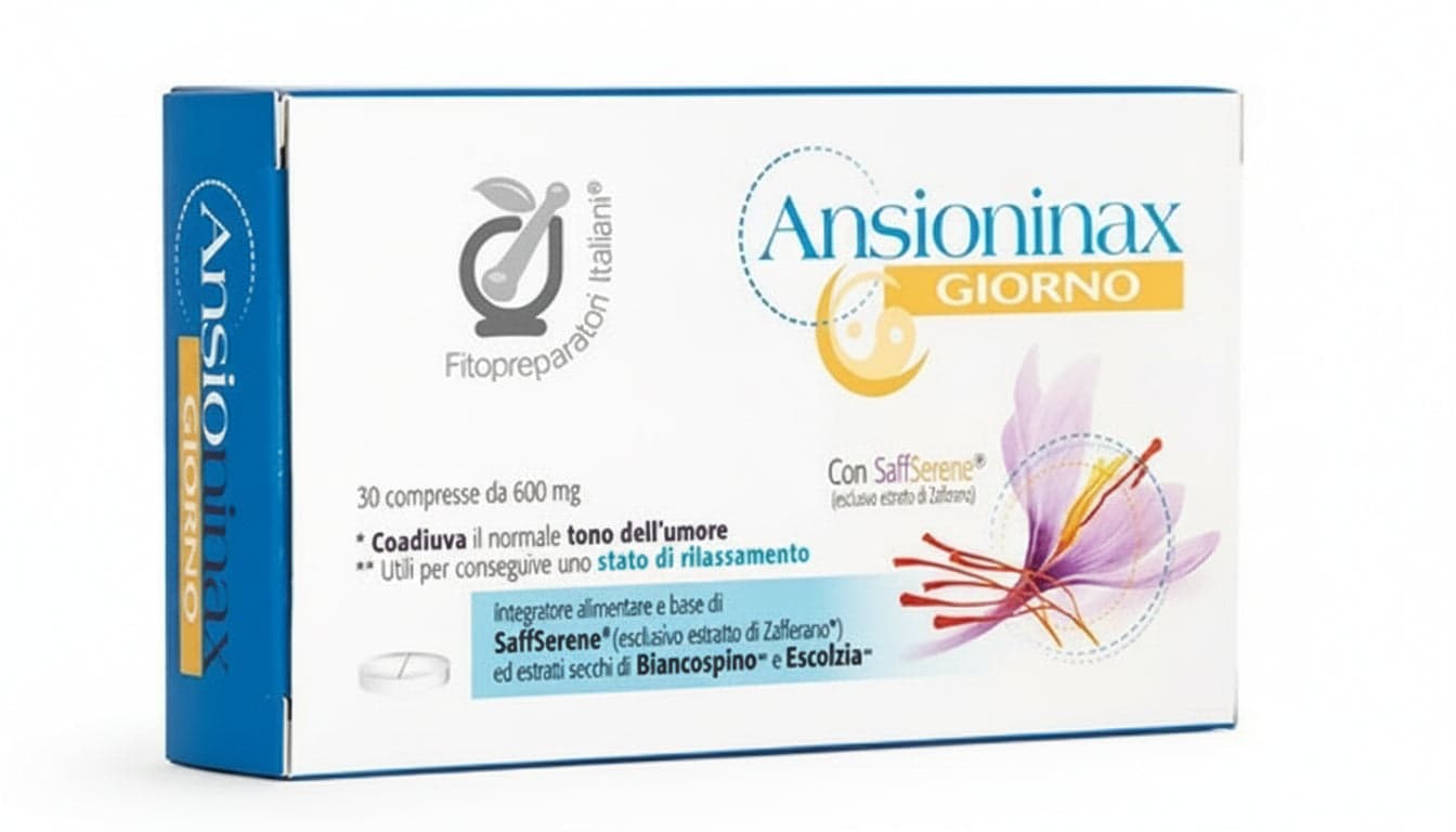 Ansioninax giorno 30 cpr. Integratore alimentare a base di estratto di zafferano, biancospino ed escolzia, per il tono dell'umore e il rilassamento