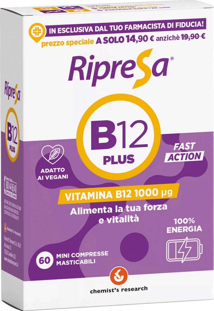 Ripresa B12 plus 60 cpr masticabili Chemist's Research. Metabolismo energetico, mente attiva, sostegno dopo i 50 anni.